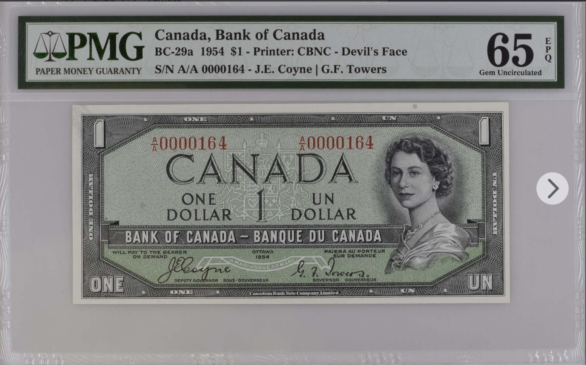 收藏联盟Quantum Auction 第194期——白金之夜 秋季拍卖 加拿大1954年1元 PMG65 魔鬼脸 首发A/A冠百位小号