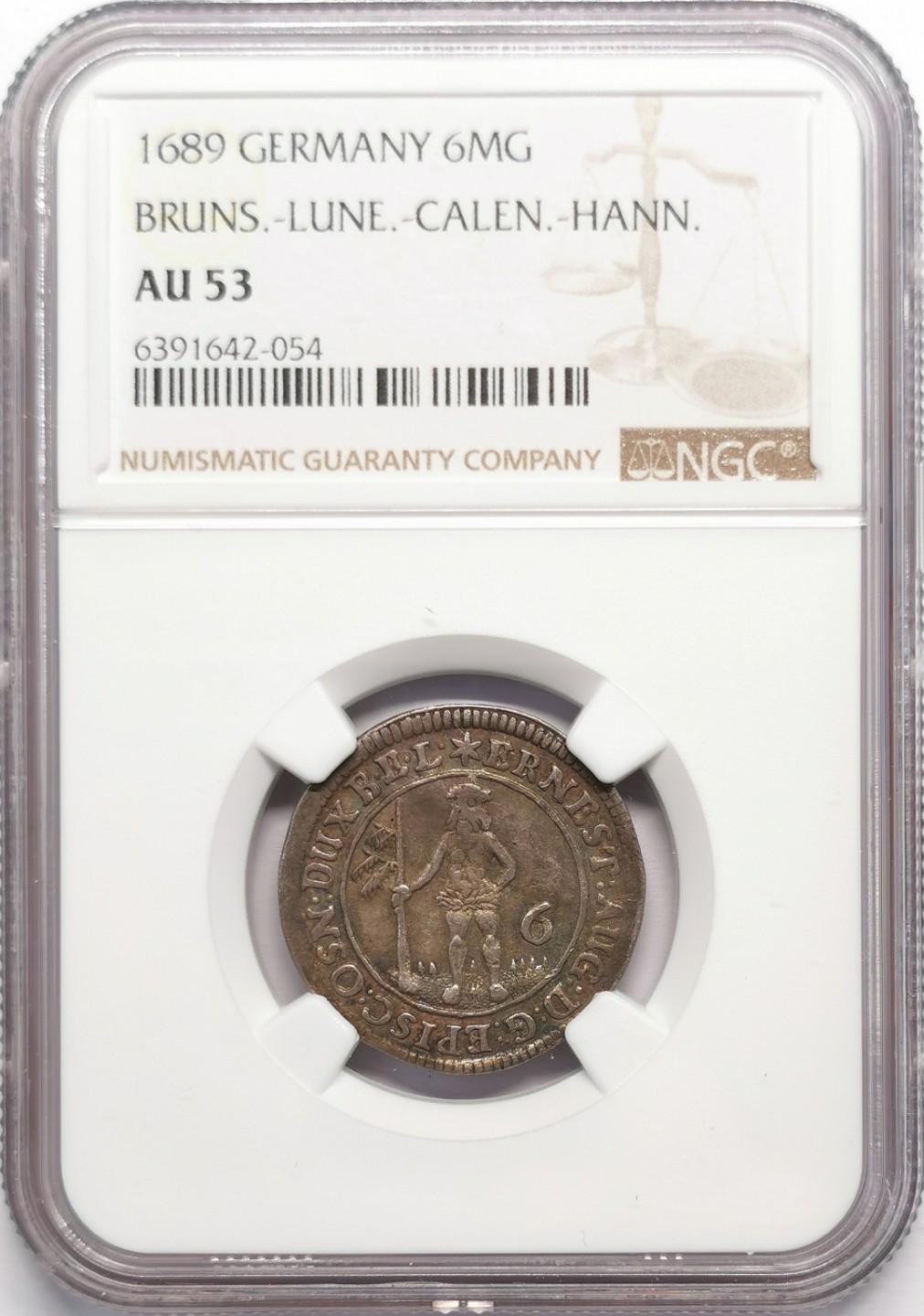 凡希社世界钱币微拍第二百十三期 1689布伦瑞克吕内堡野人6MG银币NGC-AU53包浆出色！