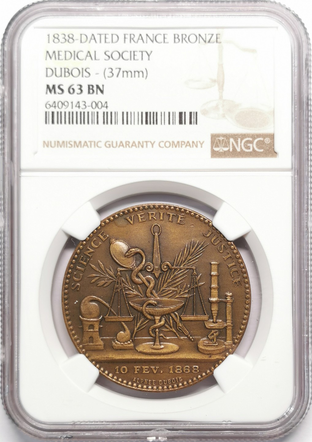 凡希社世界钱币微拍第二百十三期 1838法国医学协会纪念铜章NGC-MS63