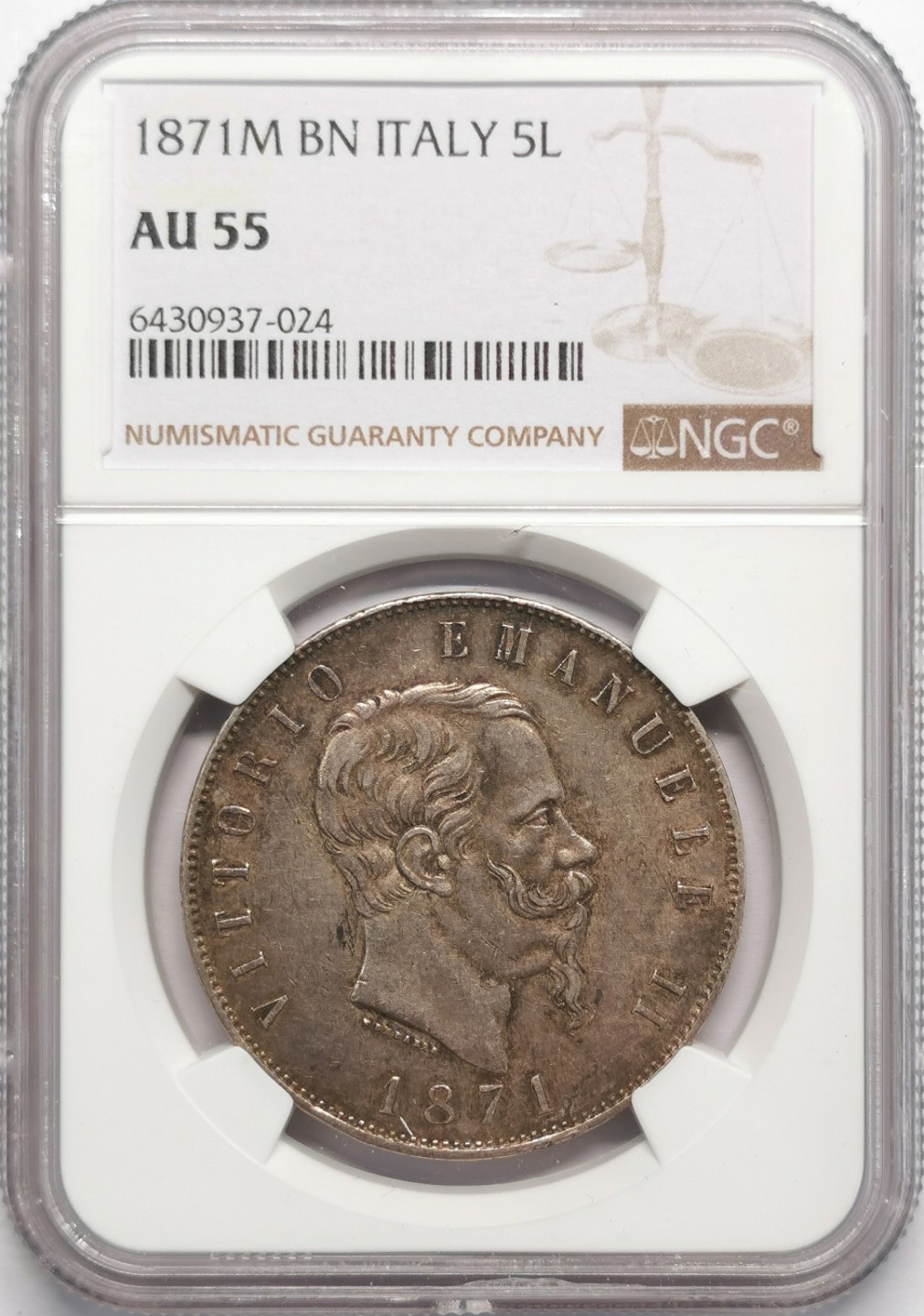 凡希社世界钱币微拍第二百十三期 1871意大利埃曼努尔5里拉大银NGC-AU55