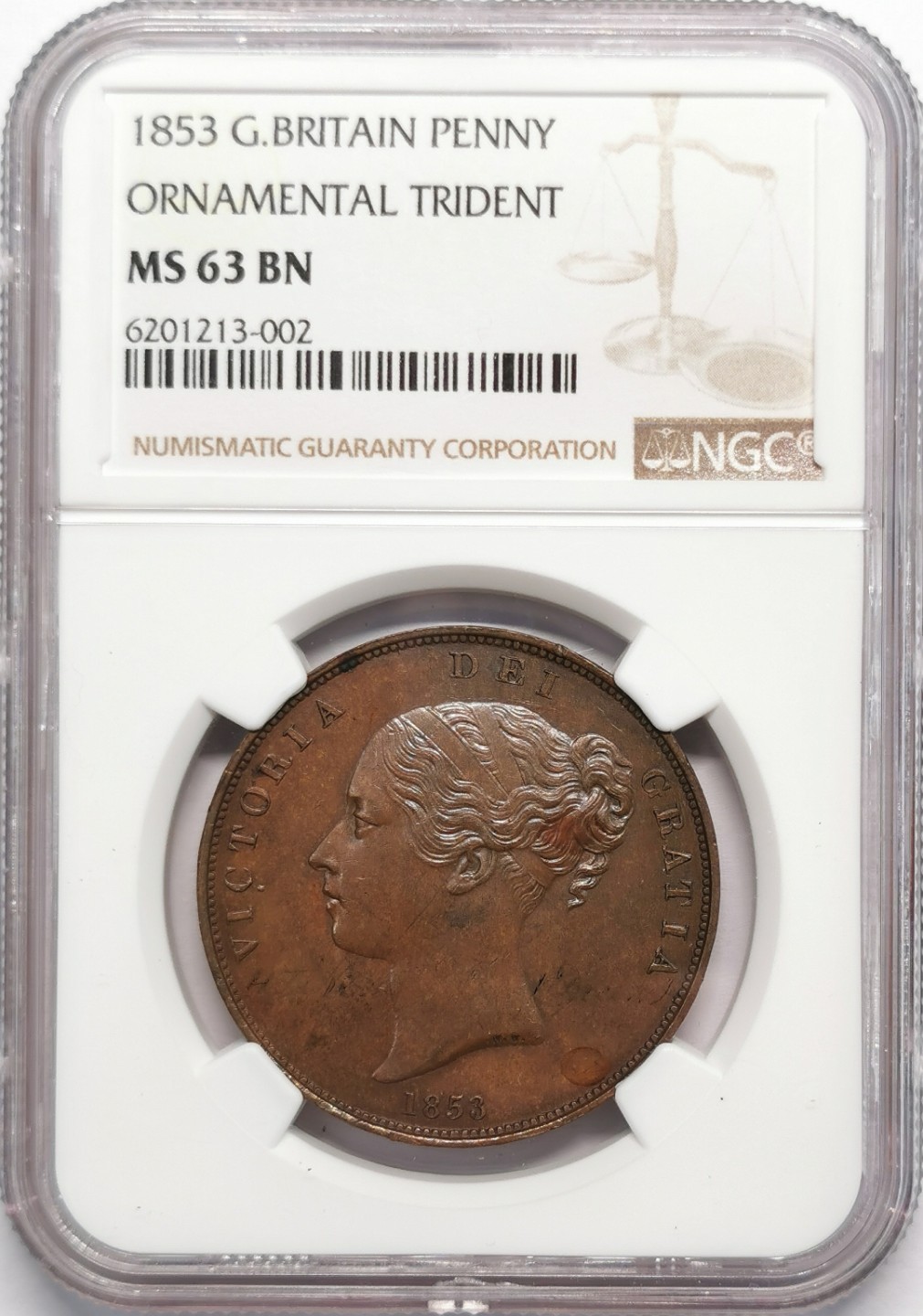 凡希社世界钱币微拍第二百十三期 1853英国小维头像便士大铜NGC-MS63铜色厚重均匀！