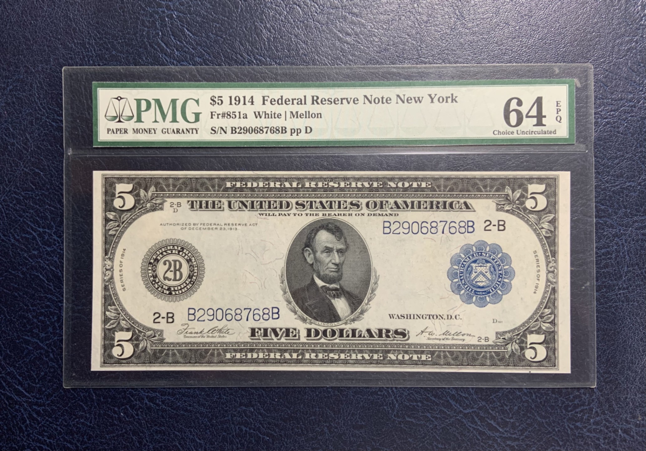 收藏联盟Quantum Auction 第194期——白金之夜 秋季拍卖 美国1914年联邦储备券5元  PMG64e 经典大票幅