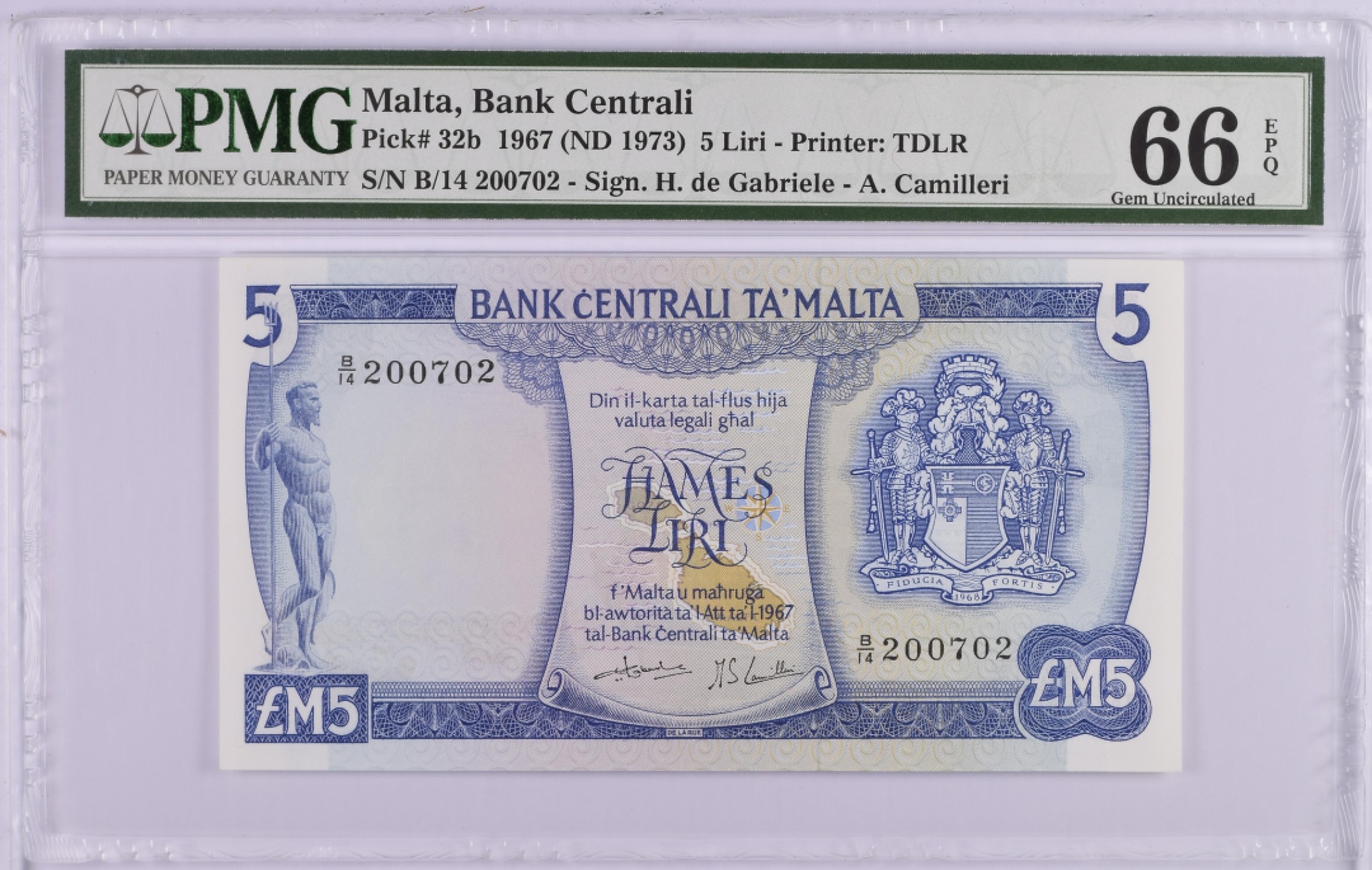收藏联盟Quantum Auction 第194期——白金之夜 秋季拍卖 马耳他1967年5里拉 PMG66 德纳罗彩背  b版冠军分