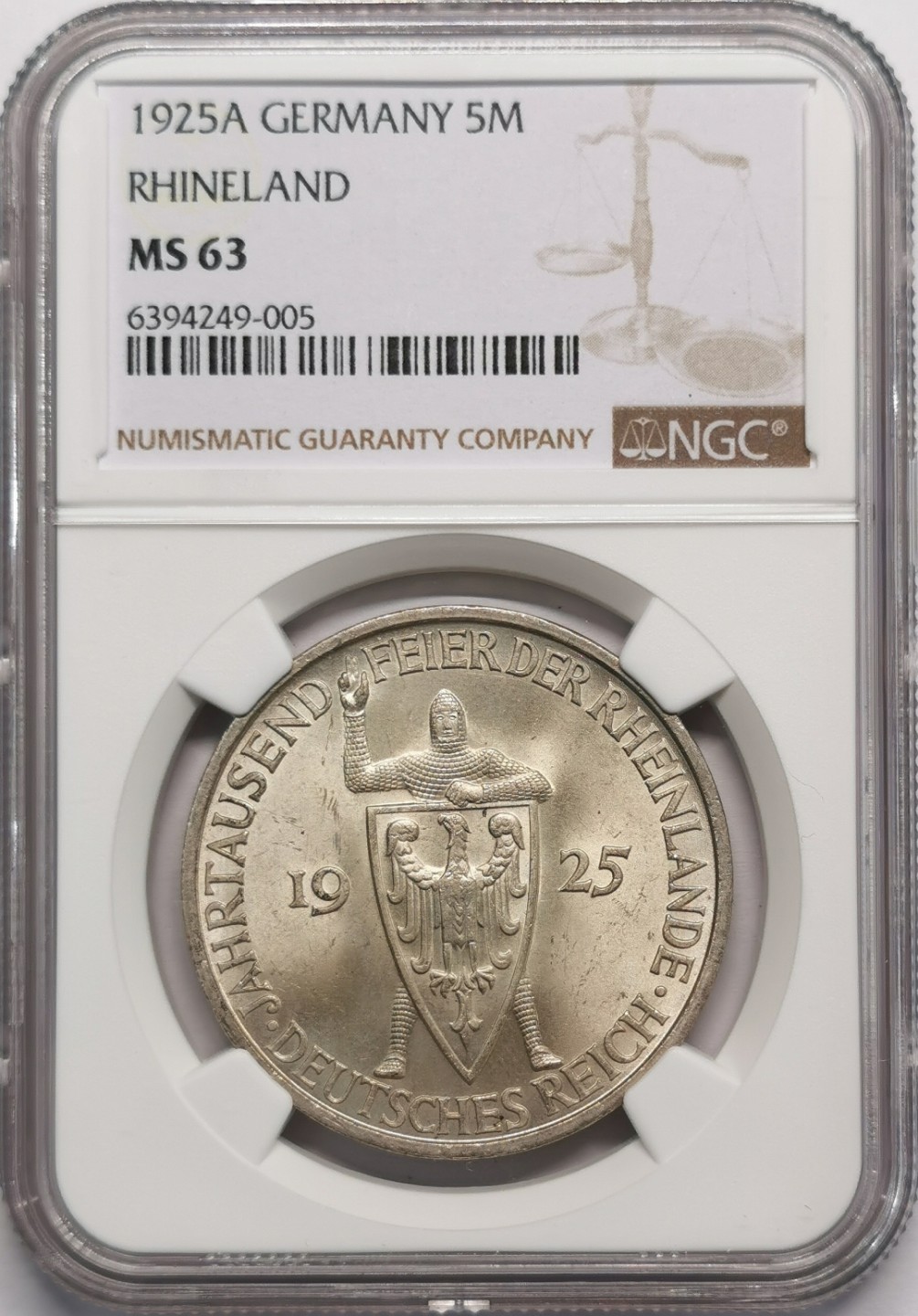 凡希社世界钱币微拍第二百十三期 1925A魏玛莱茵兰纪念5马克大银NGC-MS63