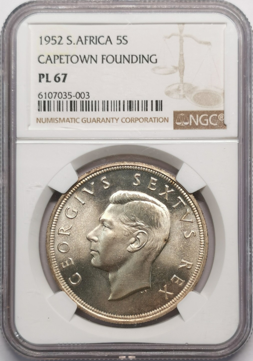 凡希社世界钱币微拍第二百十三期 1952年英属南非开普敦殖民300周年5先令大银NGC-PL67