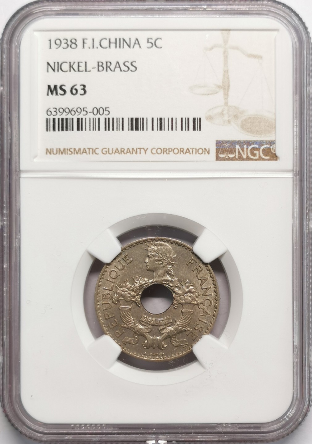 凡希社世界钱币微拍第二百十三期 1938法属印度支那中孔5分NGC-MS63