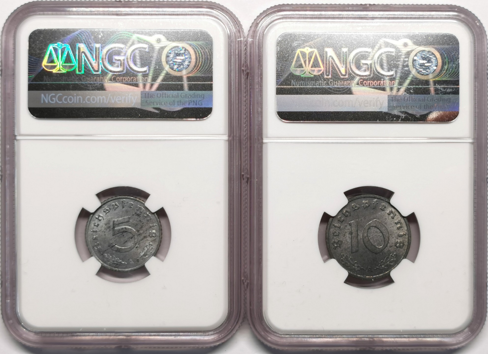 凡希社世界钱币微拍第二百十三期 德国5/10芬尼锌币一对NGC-MS62品相难得！