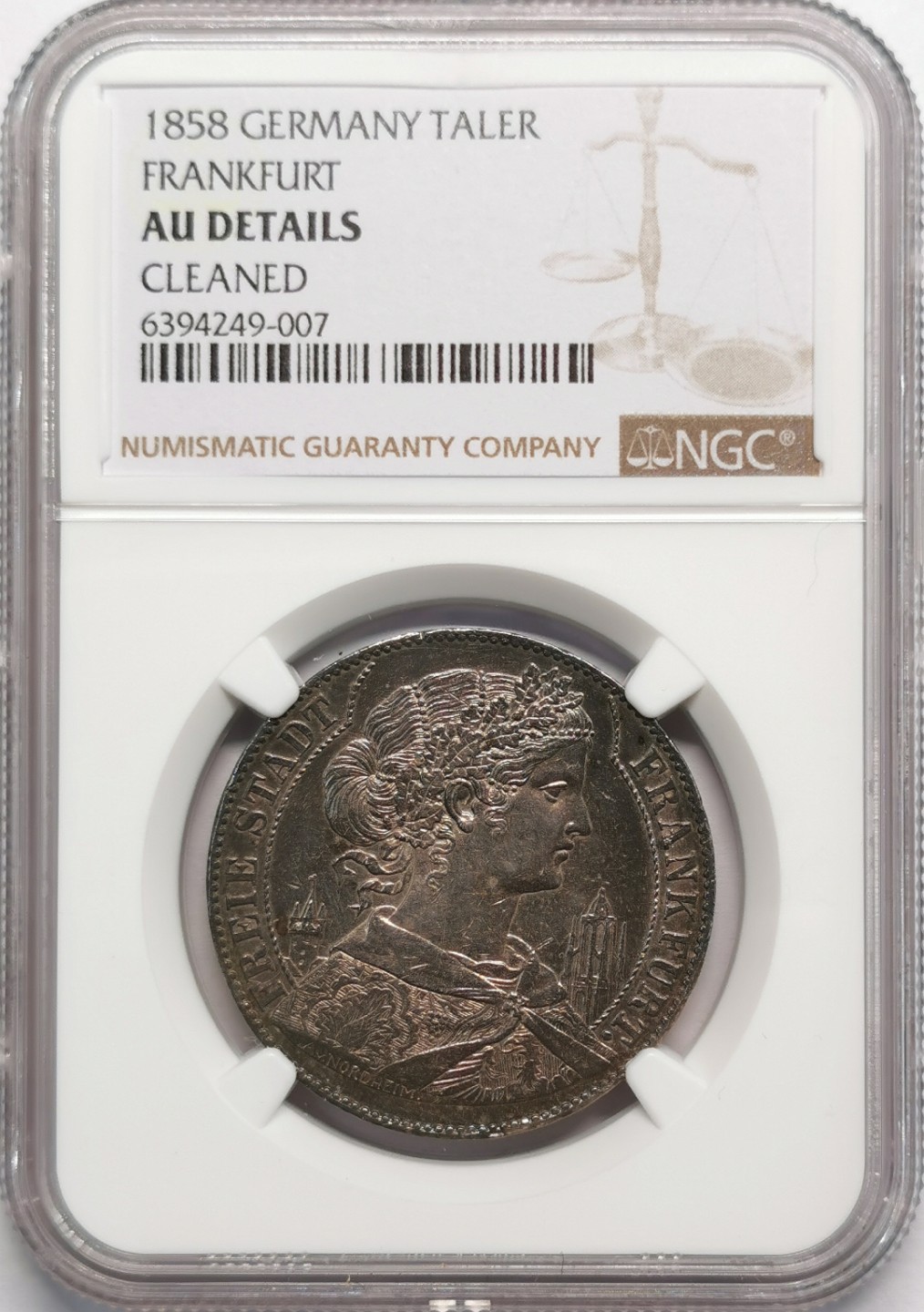 凡希社世界钱币微拍第二百十三期 1858法兰克福少女泰勒NGC-AUD