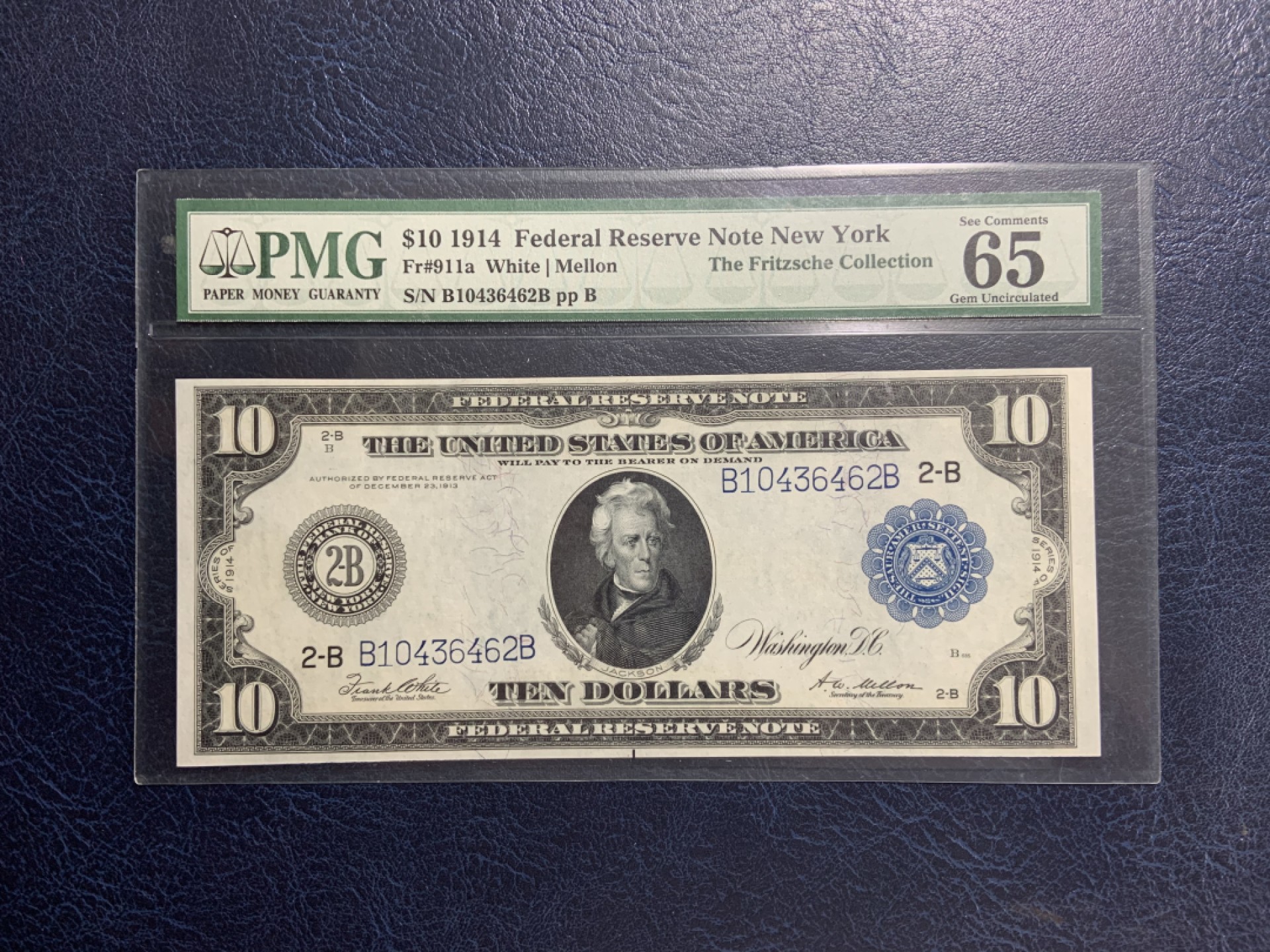 收藏联盟Quantum Auction 第194期——白金之夜 秋季拍卖 美国1914年联邦储备券10元 PMG65 大票幅 品相完美  经典第一代原装pmg壳 