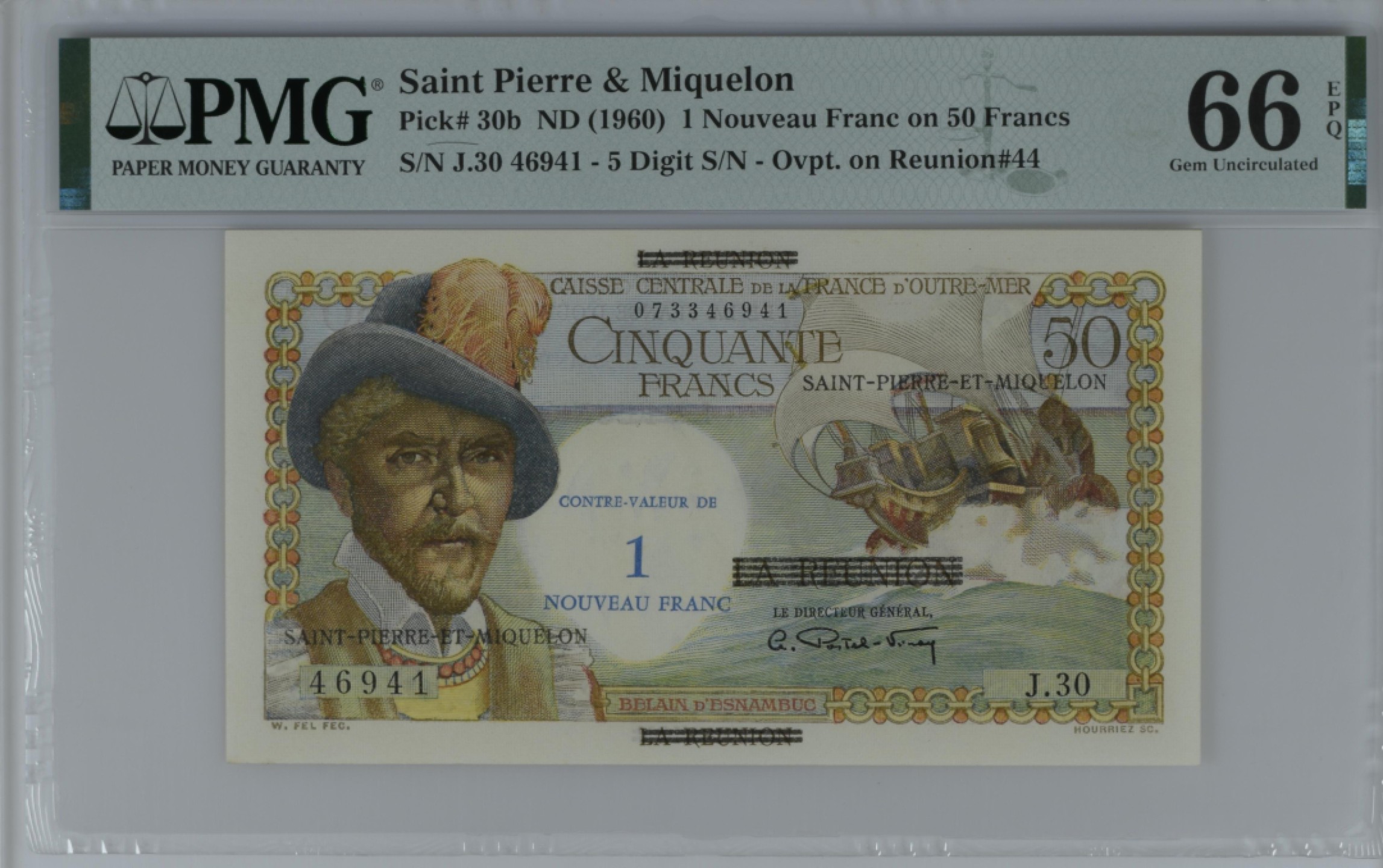 收藏联盟Quantum Auction 第194期——白金之夜 秋季拍卖 圣皮埃尔和密克隆1960年1法郎 PMG66 白奶球