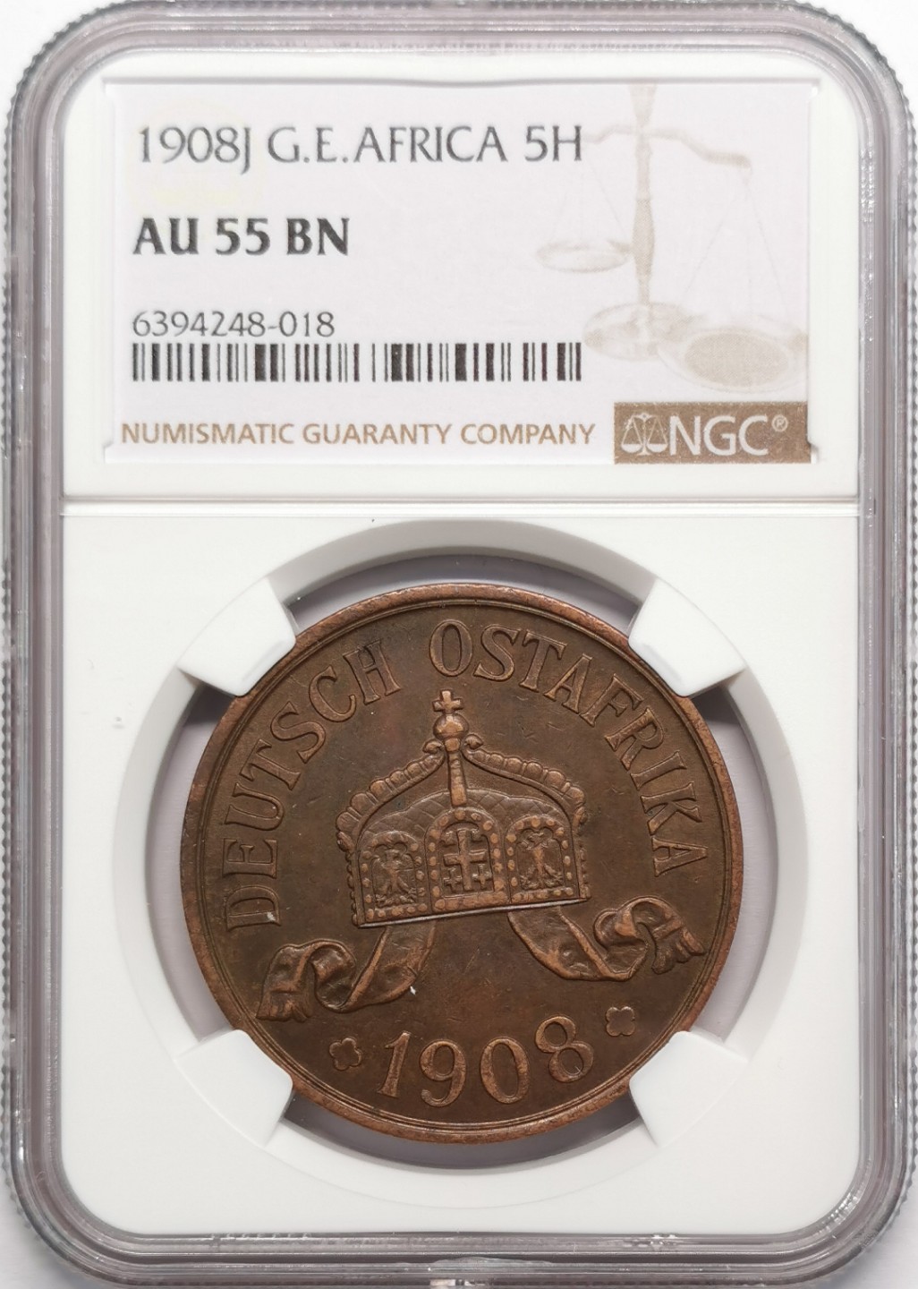 凡希社世界钱币微拍第二百十三期 1908J德属东非5HELLER大铜NGC-AU55