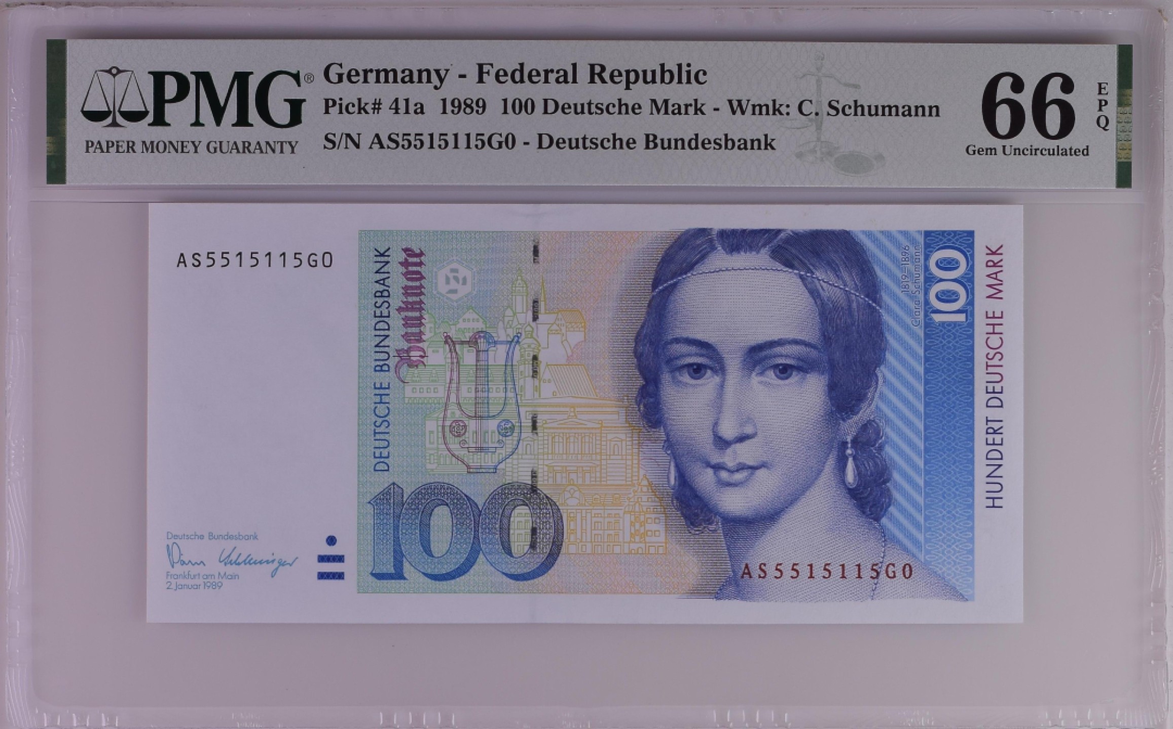收藏联盟Quantum Auction 第194期——白金之夜 秋季拍卖 德国联邦1989年100马克 PMG66 首发年份 数二号码 全程无347