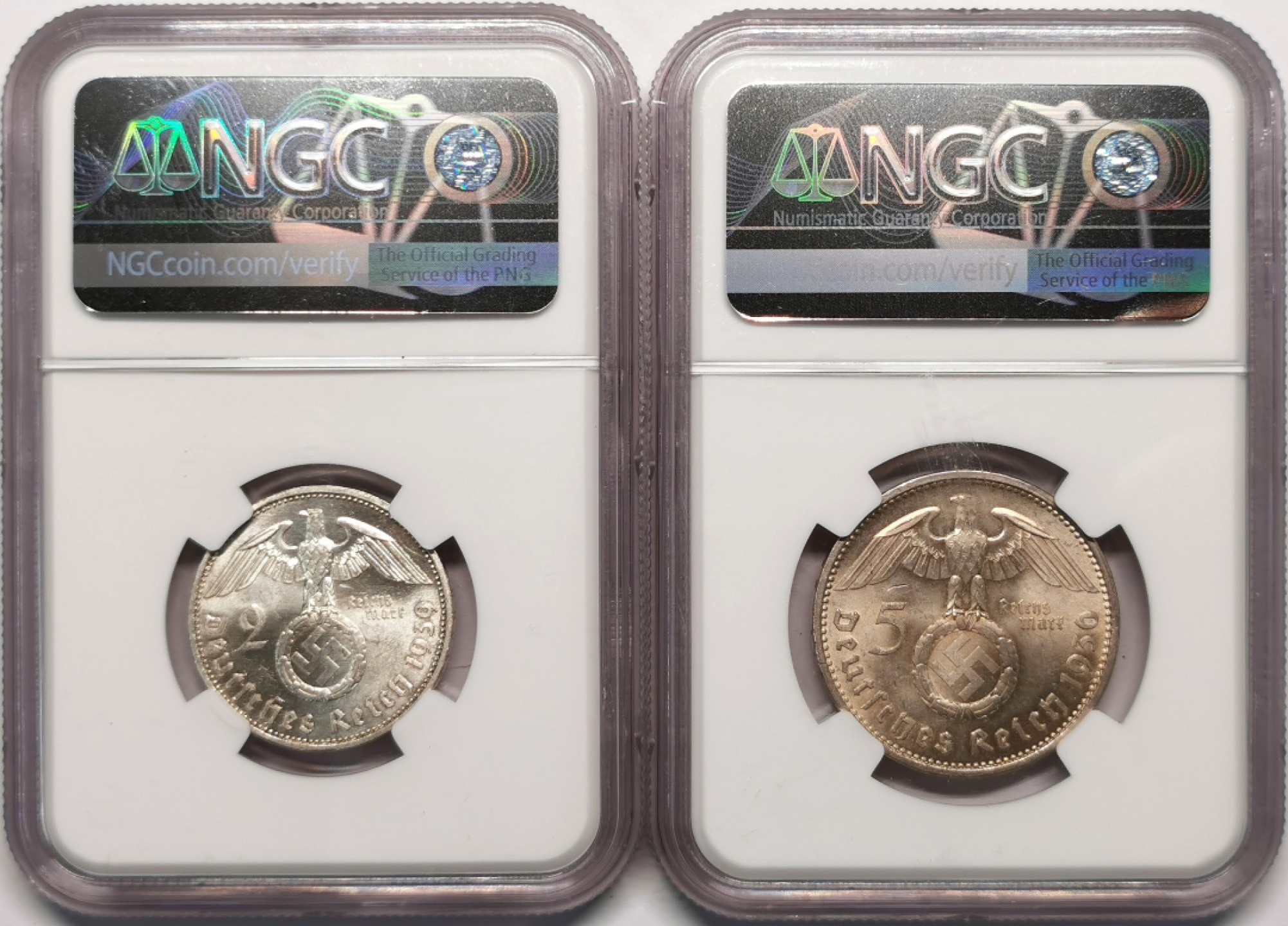 凡希社世界钱币微拍第二百十三期 德国兴登堡2/5马克银币一对NGC-MS63/64