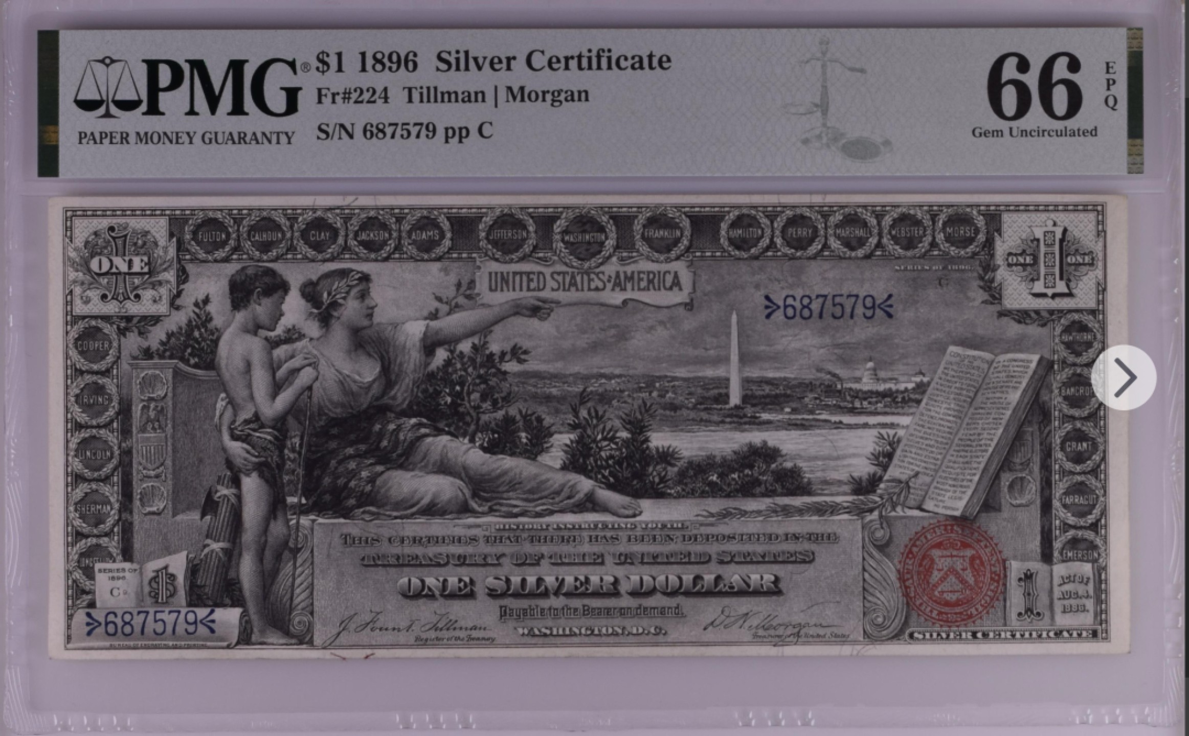 收藏联盟Quantum Auction 第194期——白金之夜 秋季拍卖 美国1896年1美元银币券 PMG66 教育券之历史引导青年