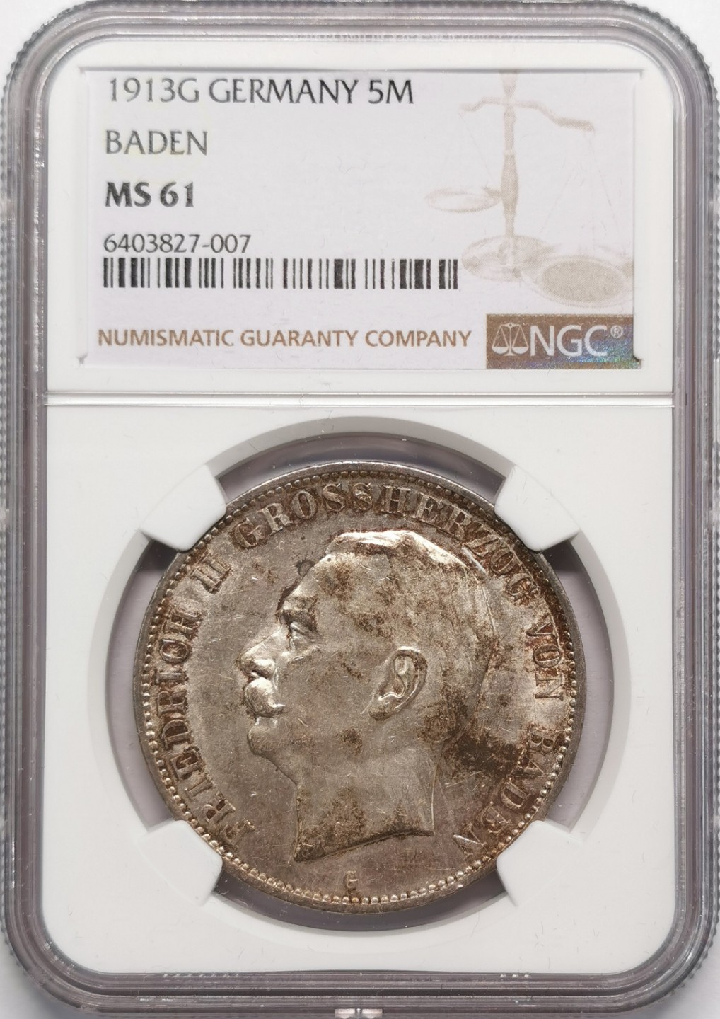 凡希社世界钱币微拍第二百十三期 1913巴登5马克大银NGC-MS61