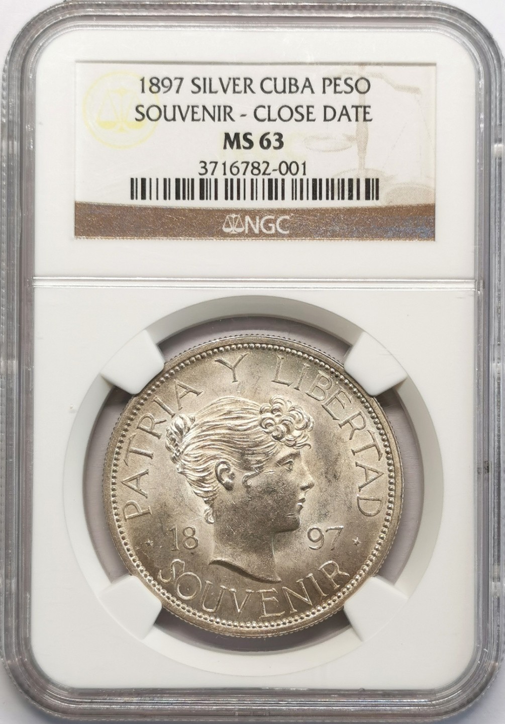 凡希社世界钱币微拍第二百十三期 荐！1897古巴流亡政府美女比索大银NGC-MS63浅金彩底版一流！