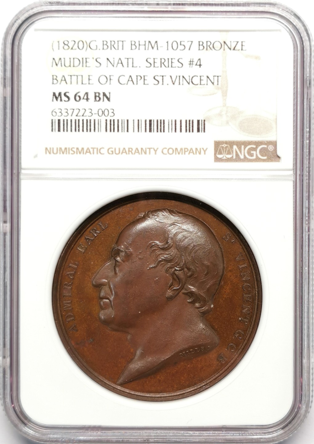 凡希社世界钱币微拍第二百十三期 1797圣文森特角海战击败西班牙舰队纪念铜章NGC-MS64