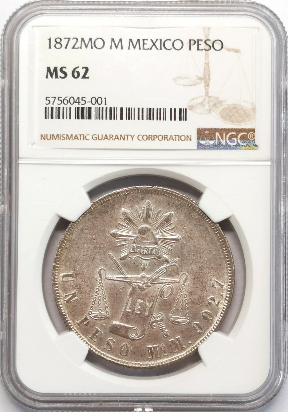 凡希社世界钱币微拍第二百十三期 荐！1872墨西哥天平鹰洋NGC-MS62灰彩收藏级！