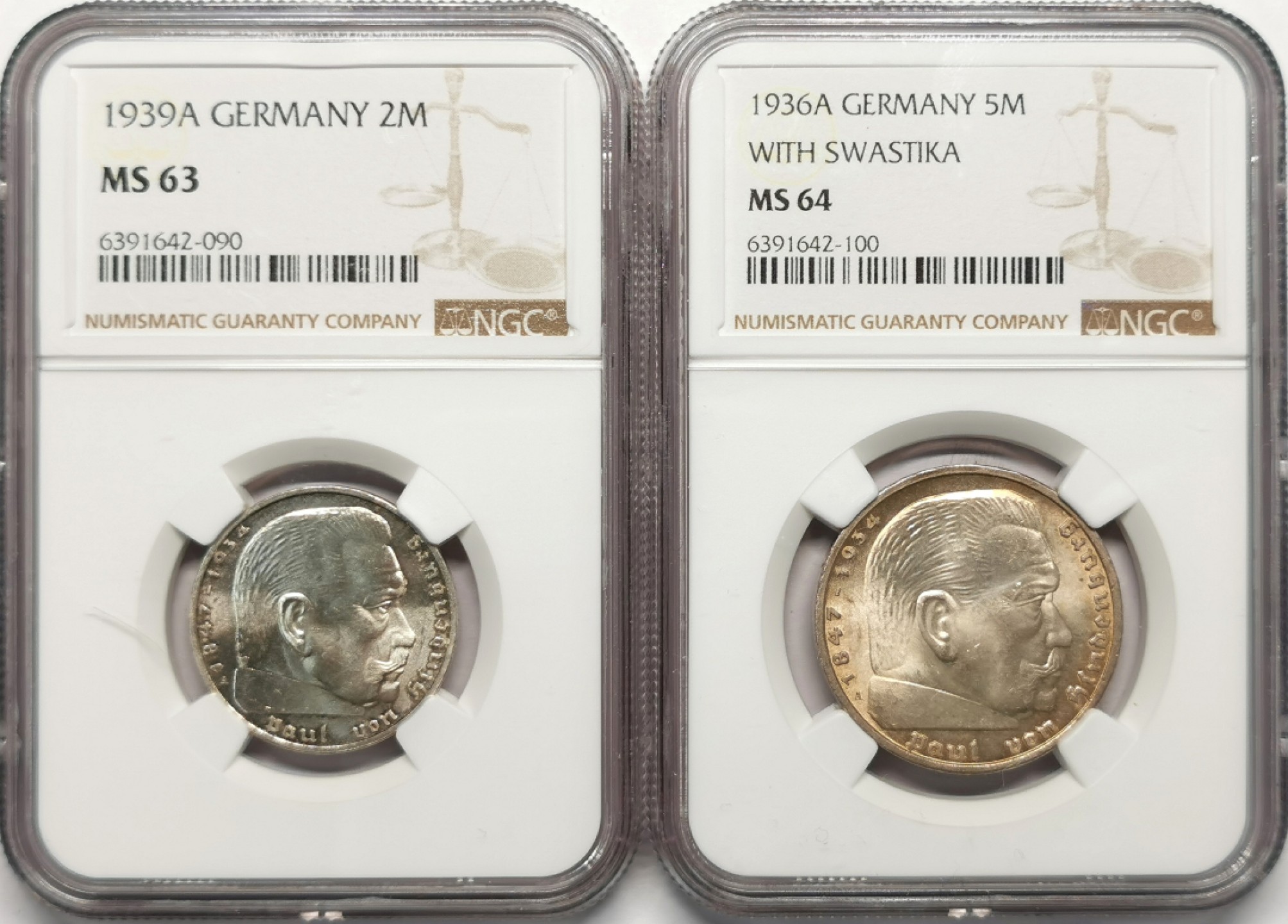 凡希社世界钱币微拍第二百十三期 德国兴登堡2/5马克银币一对NGC-MS63/64