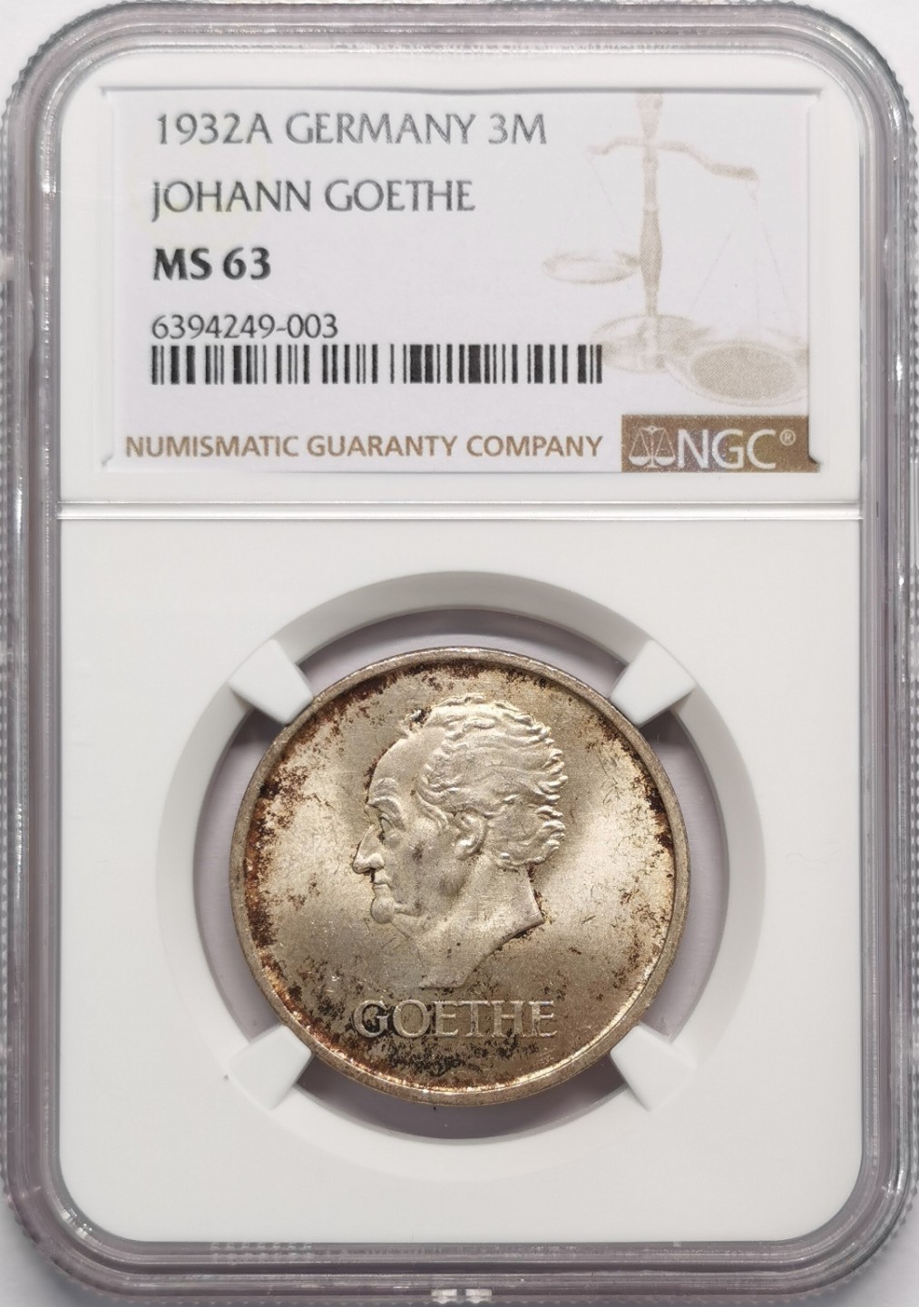 凡希社世界钱币微拍第二百十三期 1932魏玛歌德纪念3马克银币NGC-MS63