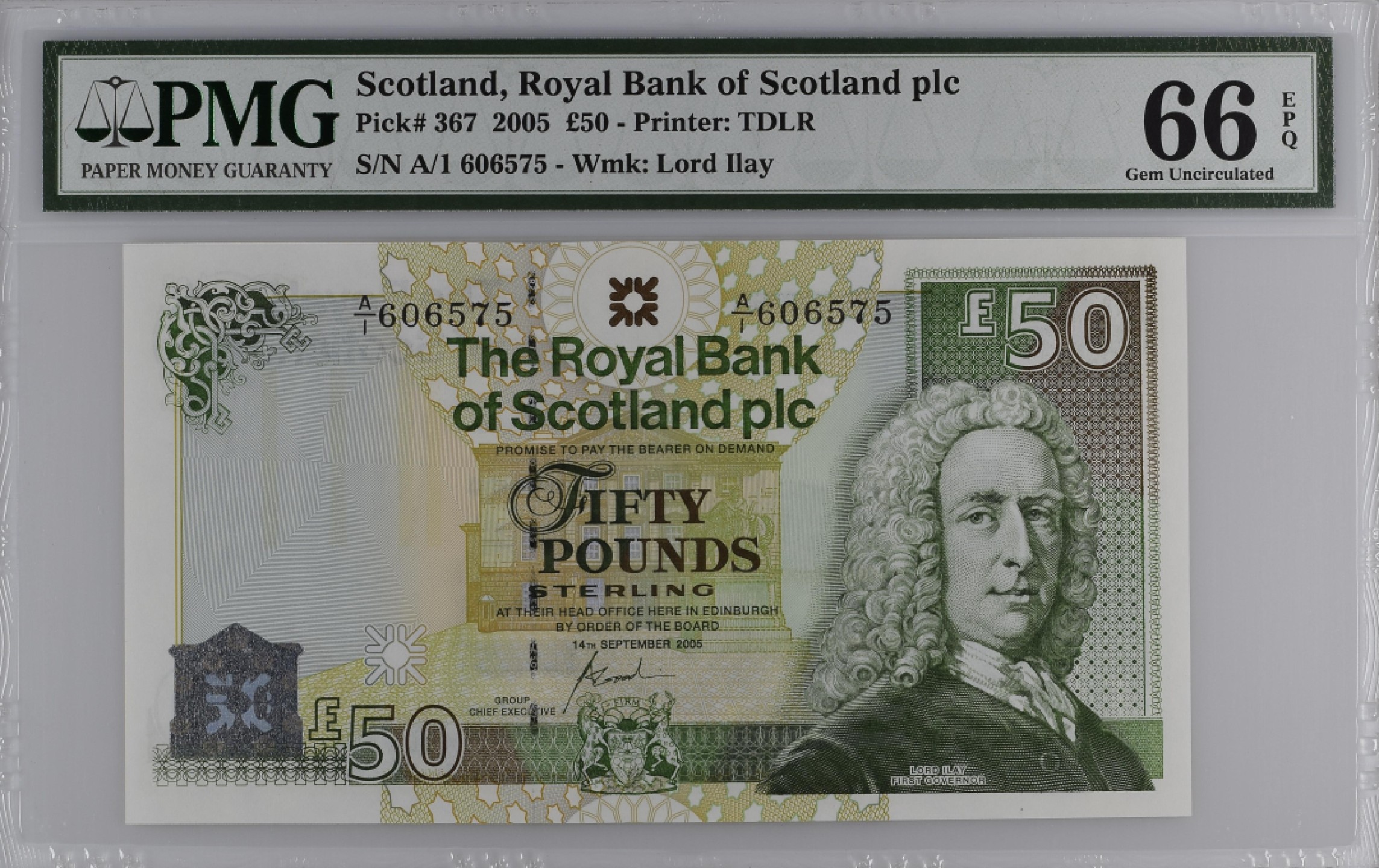 收藏联盟Quantum Auction 第194期——白金之夜 秋季拍卖 苏格兰2005年50英镑 PMG66 首发A/1冠