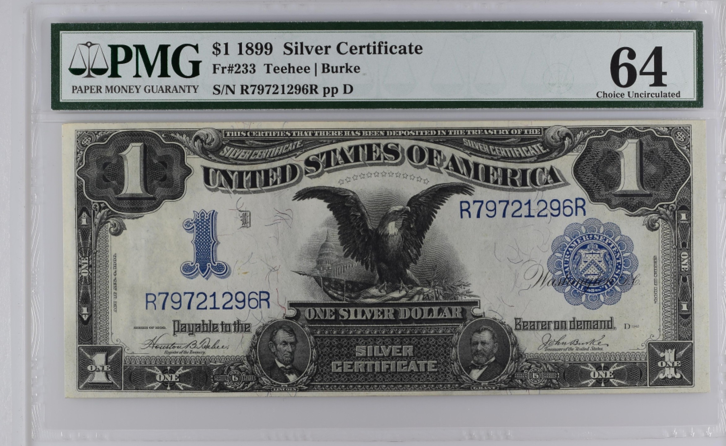 收藏联盟Quantum Auction 第194期——白金之夜 秋季拍卖 美国1899年1美元银币券 PMG64 大黑鹰 大票幅