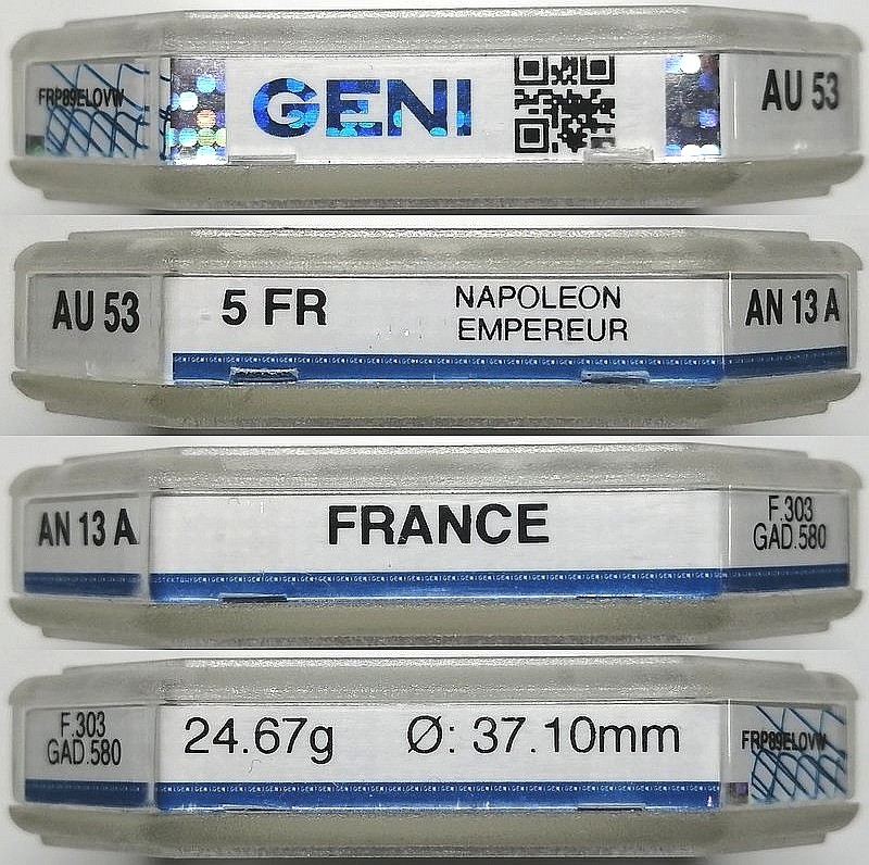 凡希社世界钱币微拍第二百十三期 荐！法国共和13年拿破仑皇帝版5法郎大银GENI-AU53银光充沛状态相当！