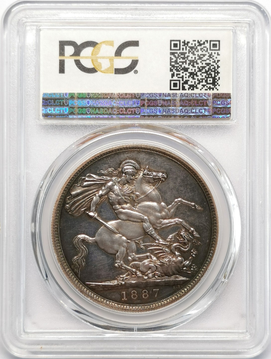 凡希社世界钱币微拍第二百十三期 荐！1887英国高冠马剑大银精铸PCGS-PF62CAM深色钢蓝包浆！