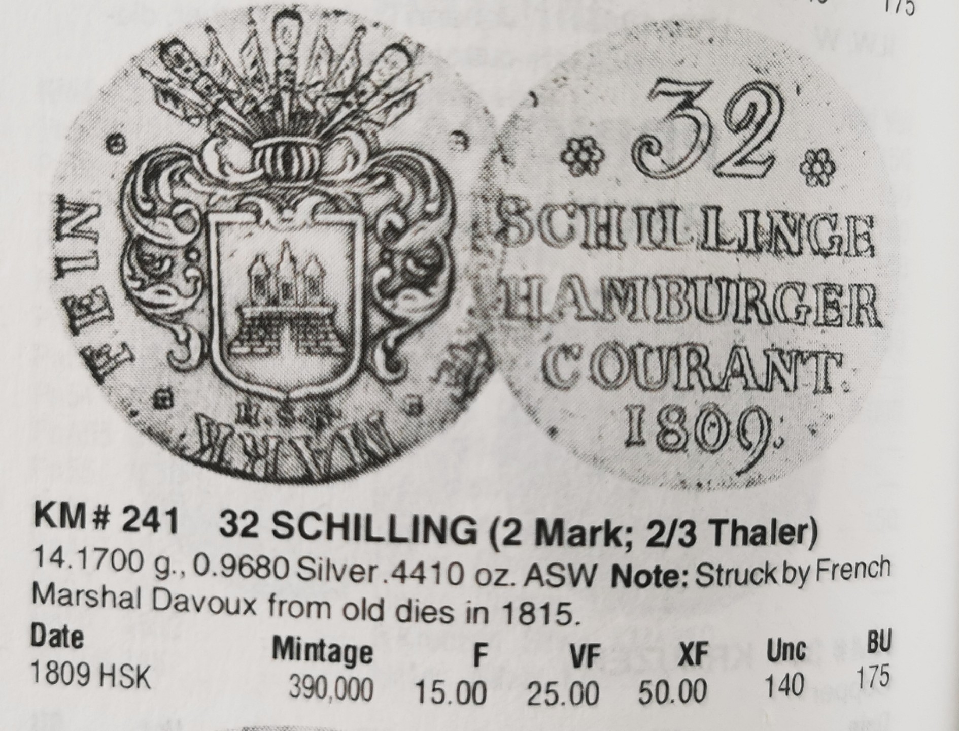 凡希社世界钱币微拍第二百十三期 1809GSK汉堡自由市32先令银币NGC-AUD 稀少版本！