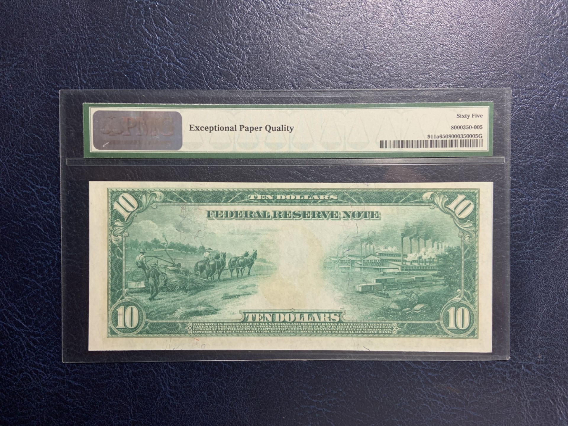 收藏联盟Quantum Auction 第194期——白金之夜 秋季拍卖 美国1914年联邦储备券10元 PMG65 大票幅 品相完美  经典第一代原装pmg壳 