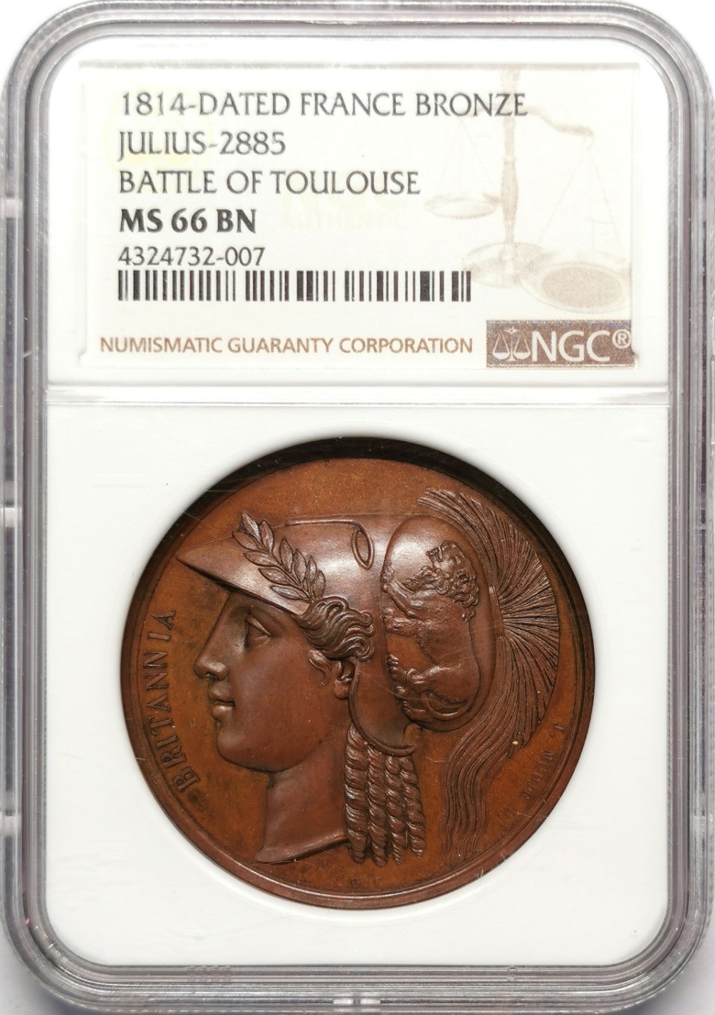 凡希社世界钱币微拍第二百十三期 荐！1814图卢兹战役纪念铜章NGC-MS66超高分完美！