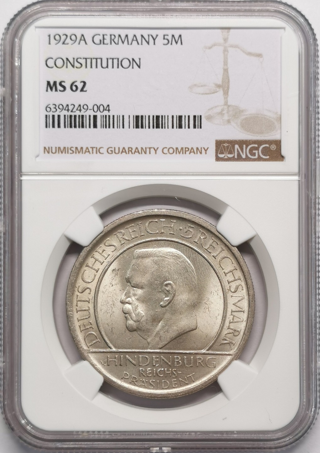 凡希社世界钱币微拍第二百十三期 1929魏玛宪法纪念5马克大银NGC-MS62