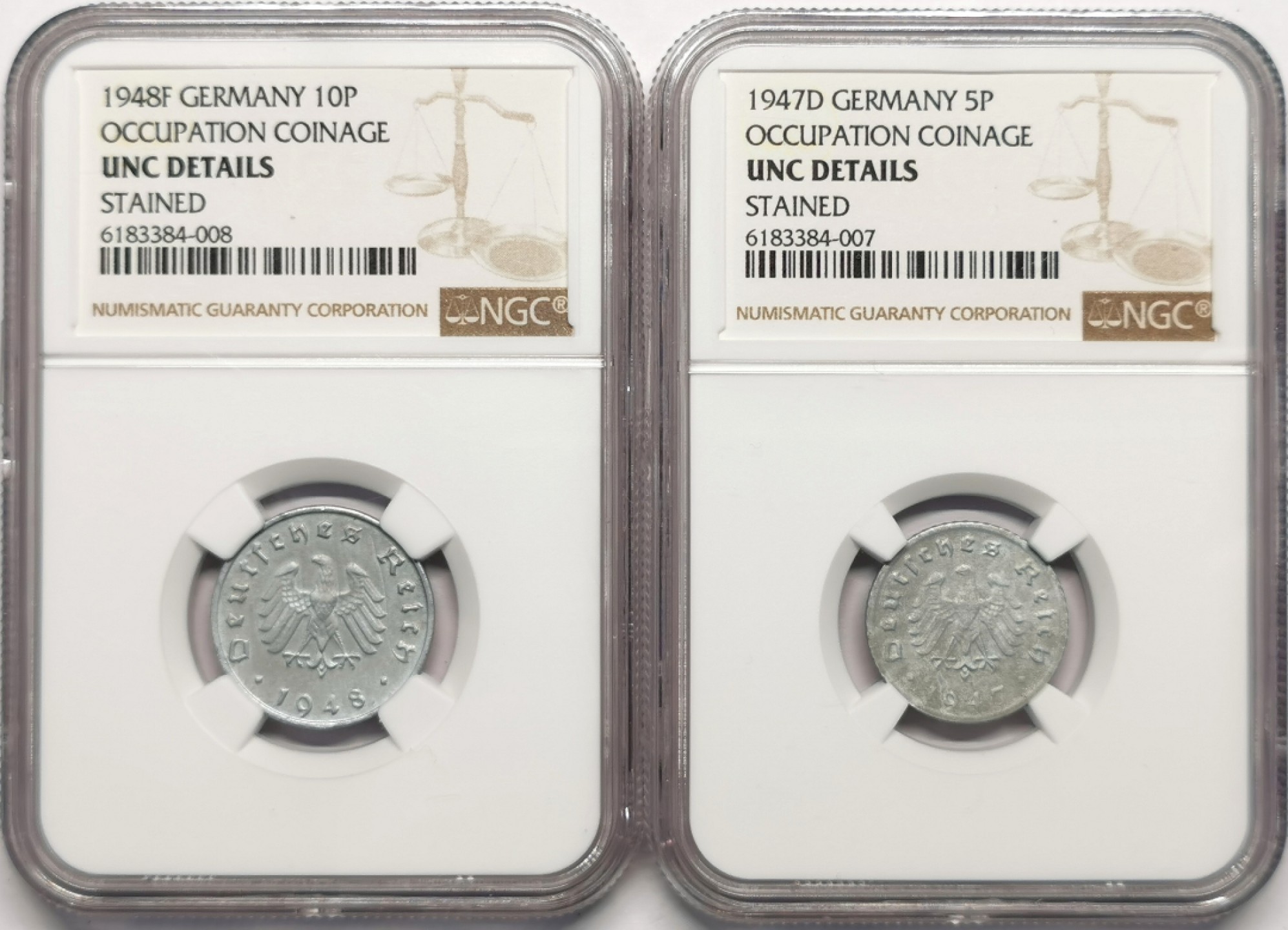 凡希社世界钱币微拍第二百十三期 德国盟军占领区5芬尼/10芬尼一对NGC