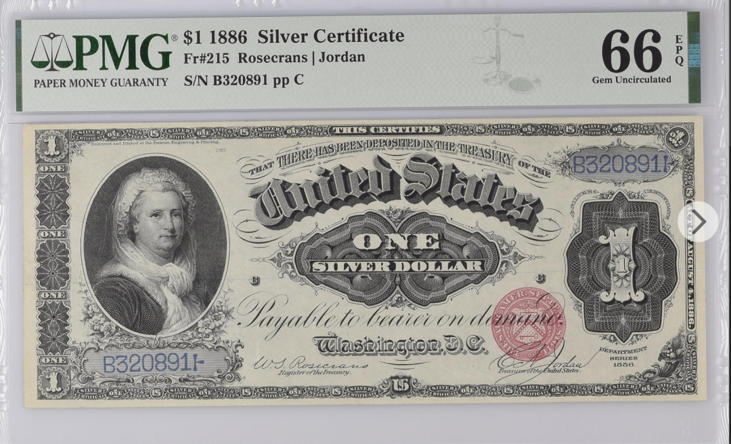 收藏联盟Quantum Auction 第194期——白金之夜 秋季拍卖 美国1886年1美元银币券 PMG66 备注半星embossing&color 6位号码无47初版马萨(华盛顿妻子，美国首任第一夫人) 