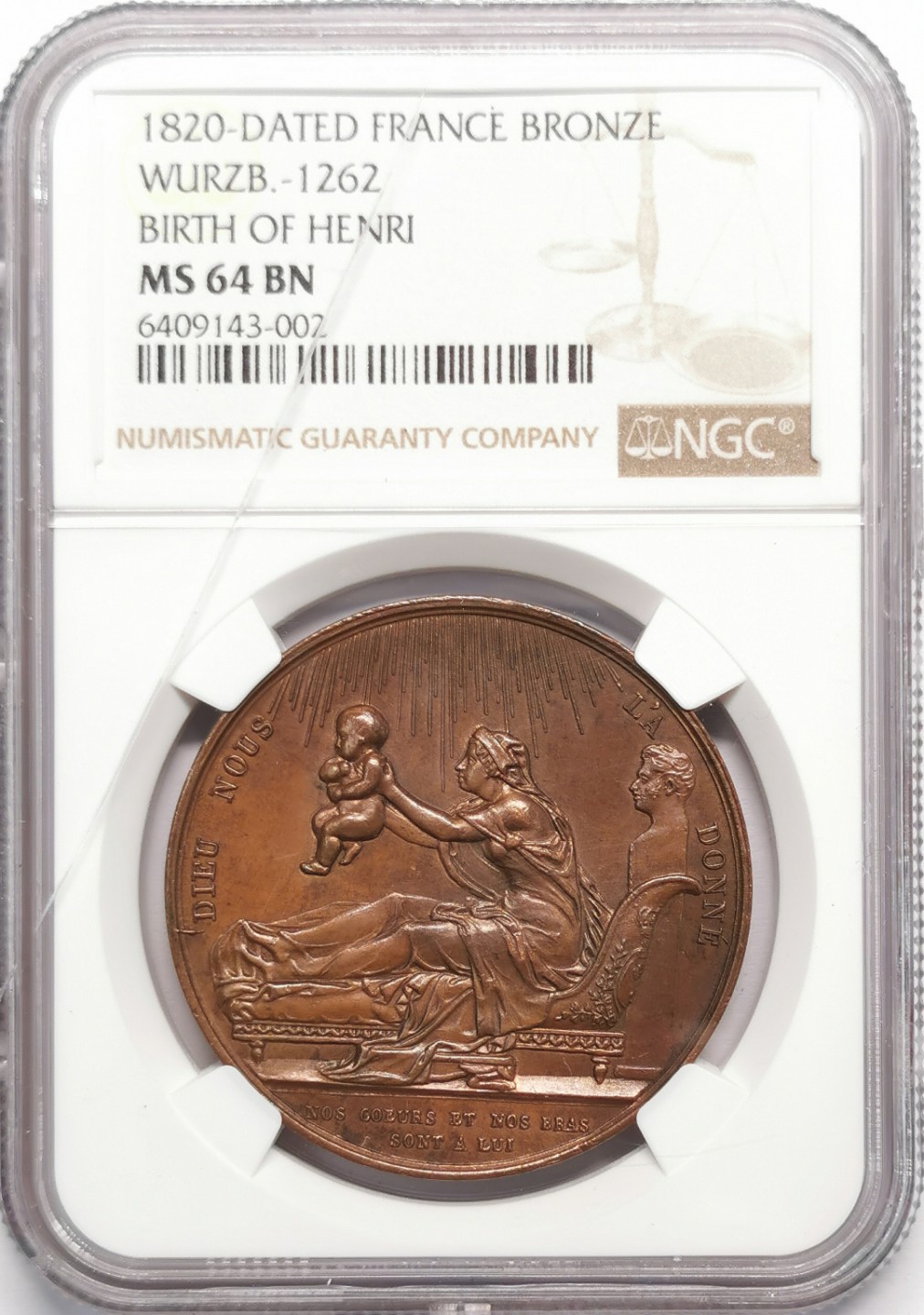凡希社世界钱币微拍第二百十三期 1820法国亨利王子诞生纪念铜章NGC-MS64