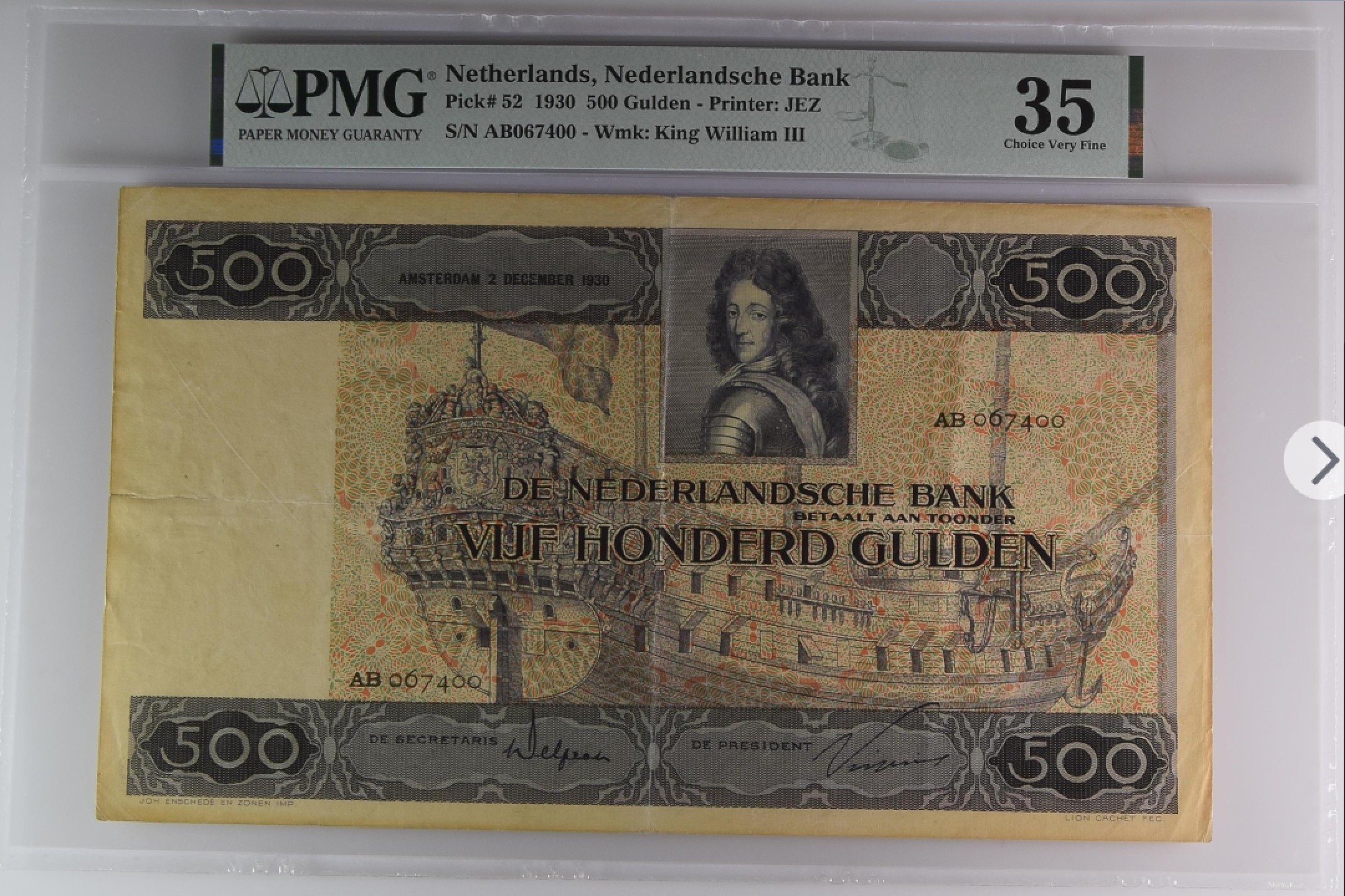 收藏联盟Quantum Auction 第194期——白金之夜 秋季拍卖 荷兰1930年500盾 PMG35  正面是威廉三世与荷兰人战舰  背面为美人鱼🧜‍♀️巨大票幅 珍品