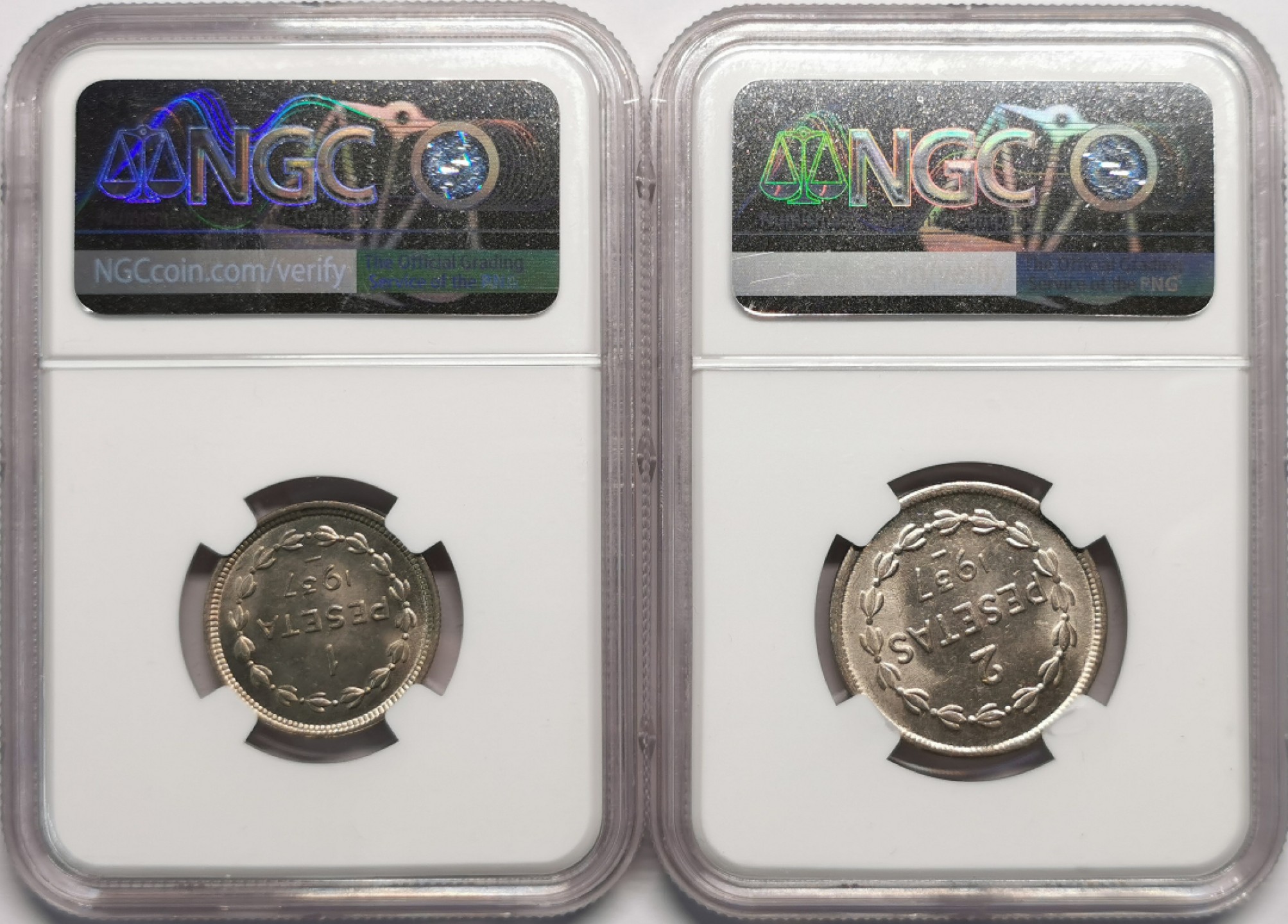 凡希社世界钱币微拍第二百十三期 1937西班牙1P/2P一对NGC-MS63/64