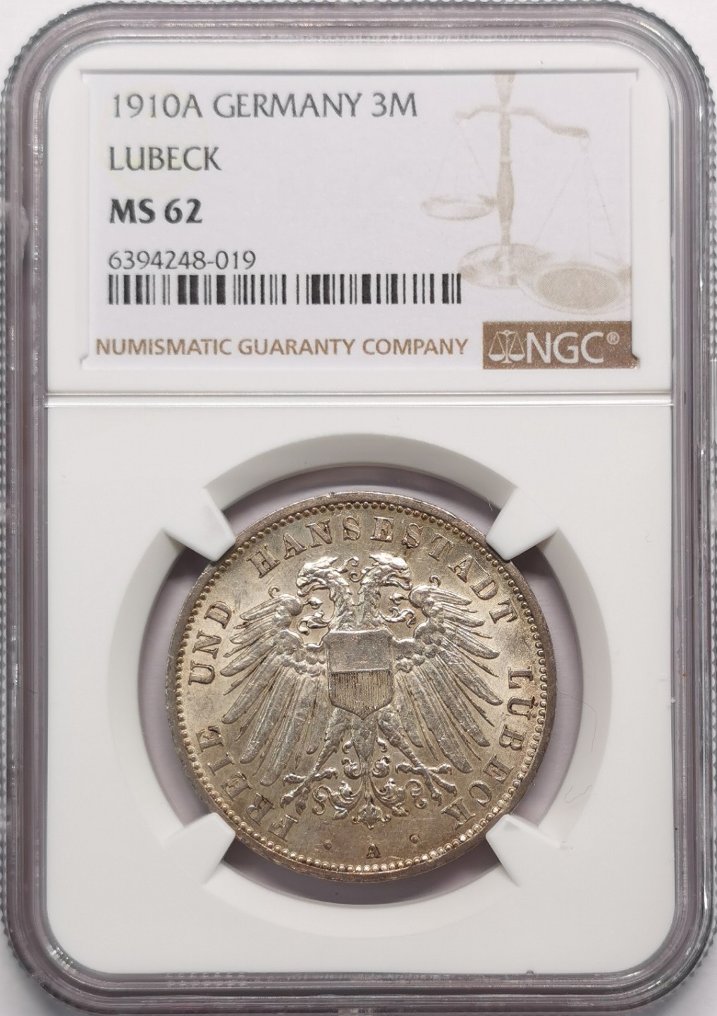 凡希社世界钱币微拍第二百十三期 1910吕贝克自由市双头鹰3马克NGC-MS62