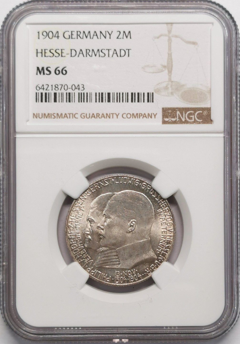 凡希社世界钱币微拍第二百十三期 1904黑森达姆斯特2马克NGC-MS66