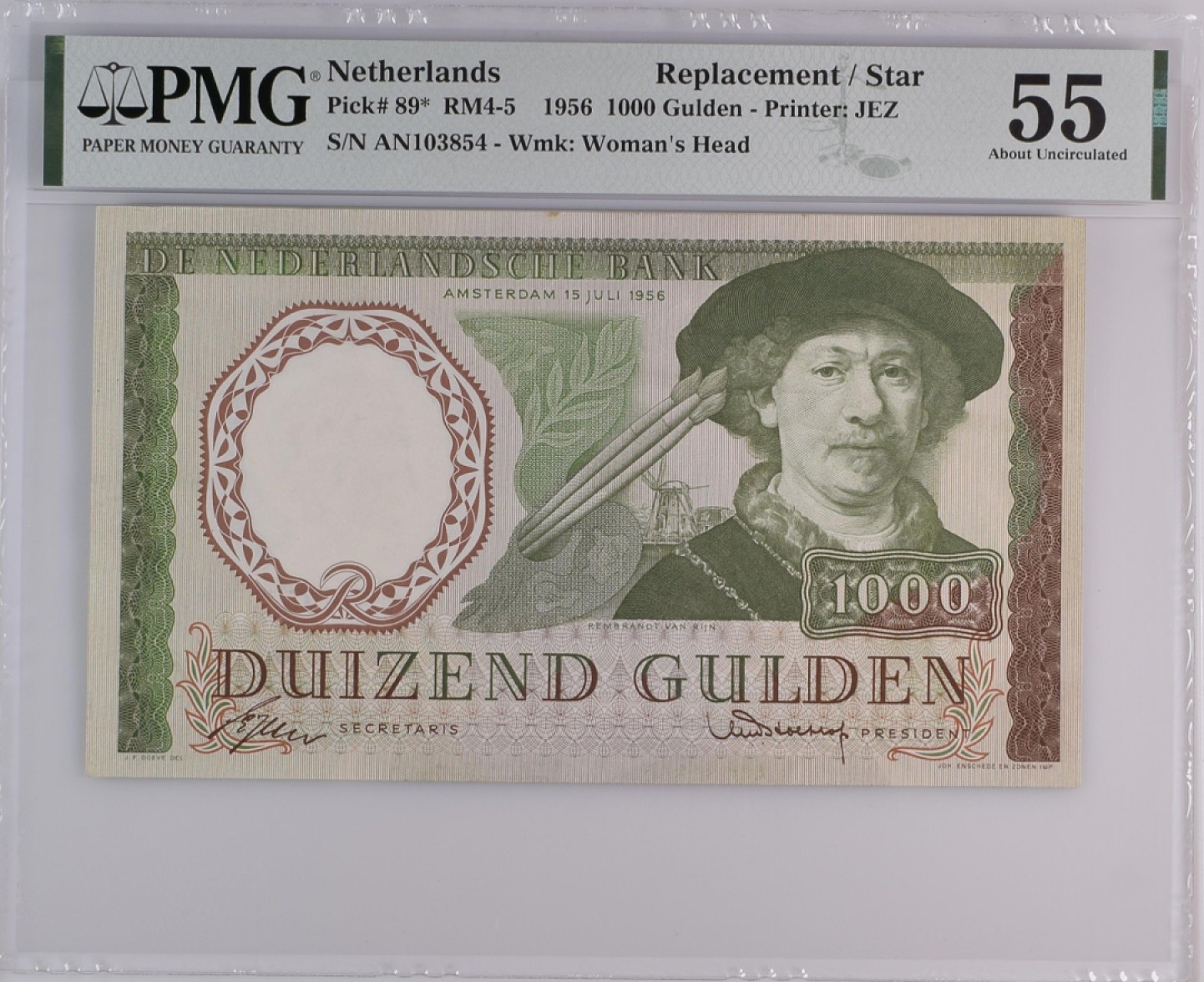 收藏联盟Quantum Auction 第194期——白金之夜 秋季拍卖 荷兰1956年1000盾 伦勃朗 神来之笔 PMG55 PMG唯一鉴定补号 欧洲三大人像雕刻之首 荷兰珍品