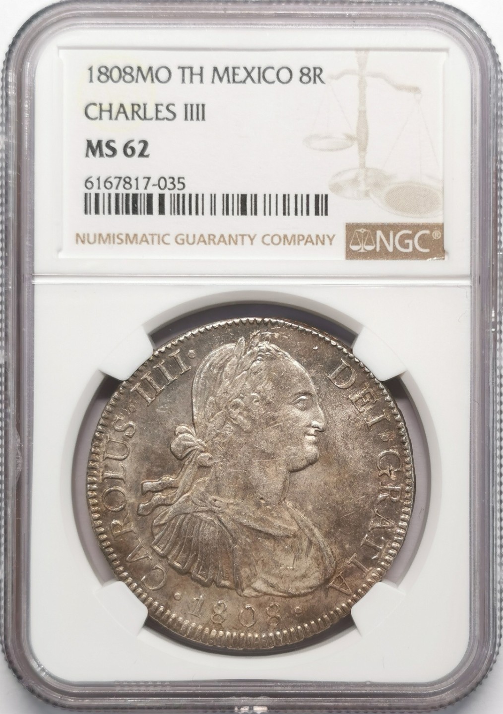 凡希社世界钱币微拍第二百十三期 荐！1808MO墨西哥卡四双柱NGC-MS62原味品收藏级！