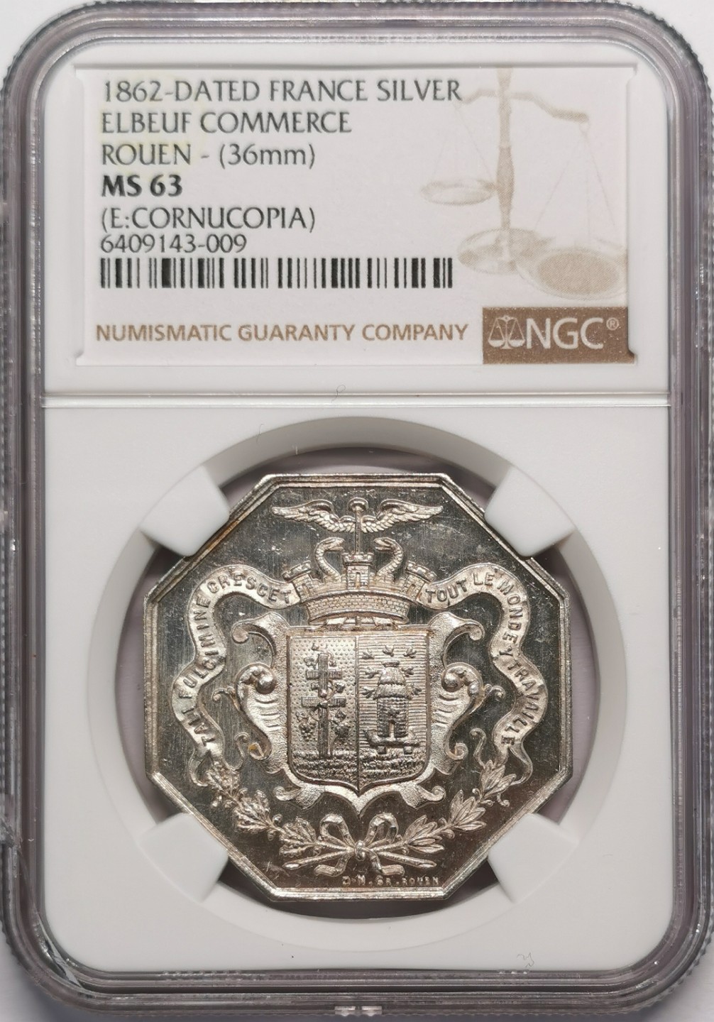 凡希社世界钱币微拍第二百十三期 1862法国埃尔伯夫商业八角银章NGC-MS63