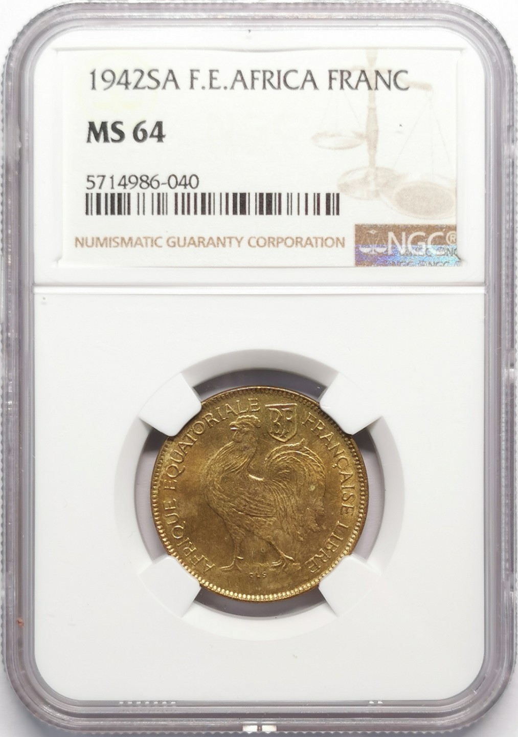 凡希社世界钱币微拍第二百十三期 1942SA法属赤道非洲1法郎NGC-MS64