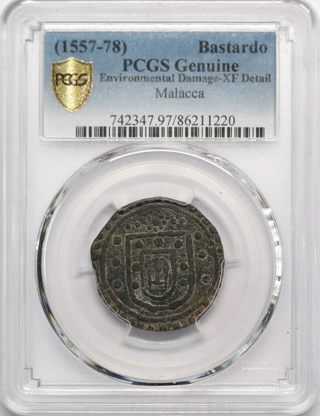 凡希社世界钱币微拍第二百十三期 1557-78葡占满剌加Bastardo锡币PCGS-XFD细节良好！