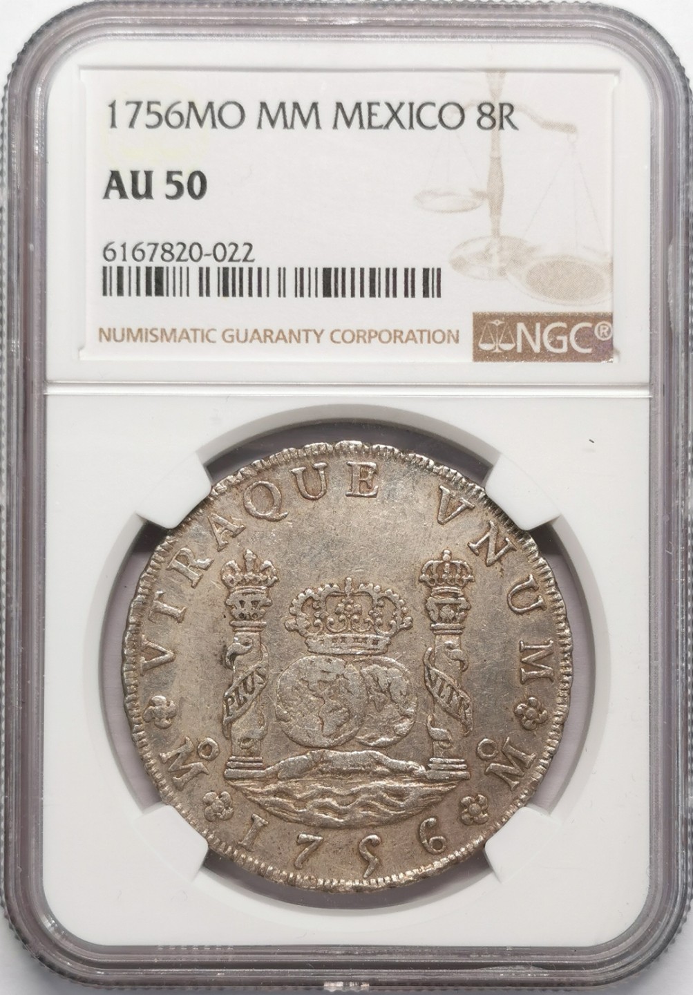 凡希社世界钱币微拍第二百十三期 1756墨西哥地球双柱NGC-AU50深打细节很好！