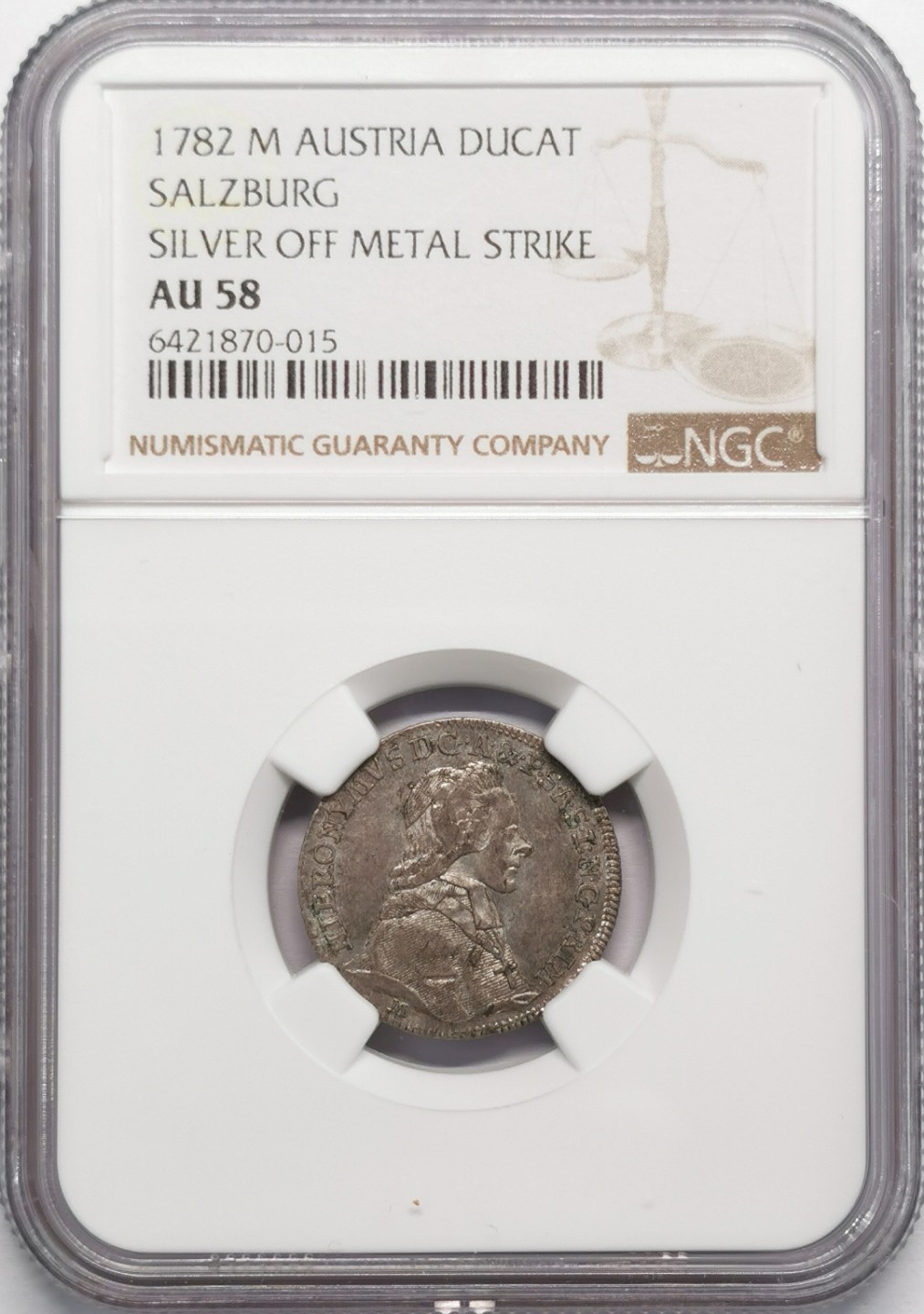 凡希社世界钱币微拍第二百十三期 1782萨尔茨堡亲王主教区杜卡特金币银样NGC-AU58