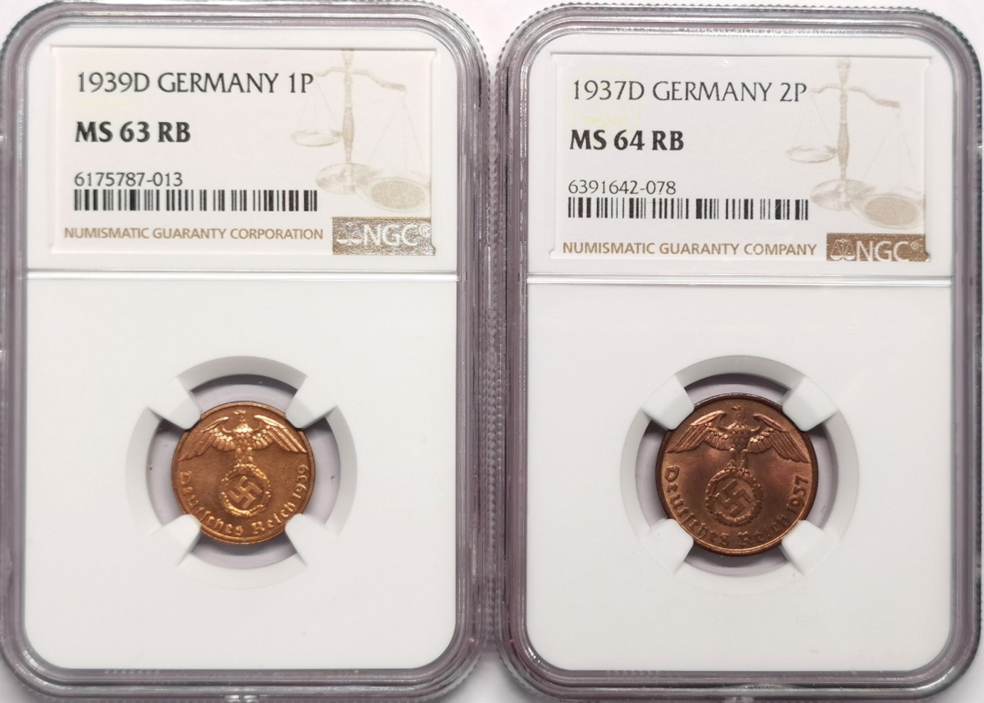 凡希社世界钱币微拍第二百十三期 德国芬尼/2芬尼铜币一对NGC-MS63/64原铜光！