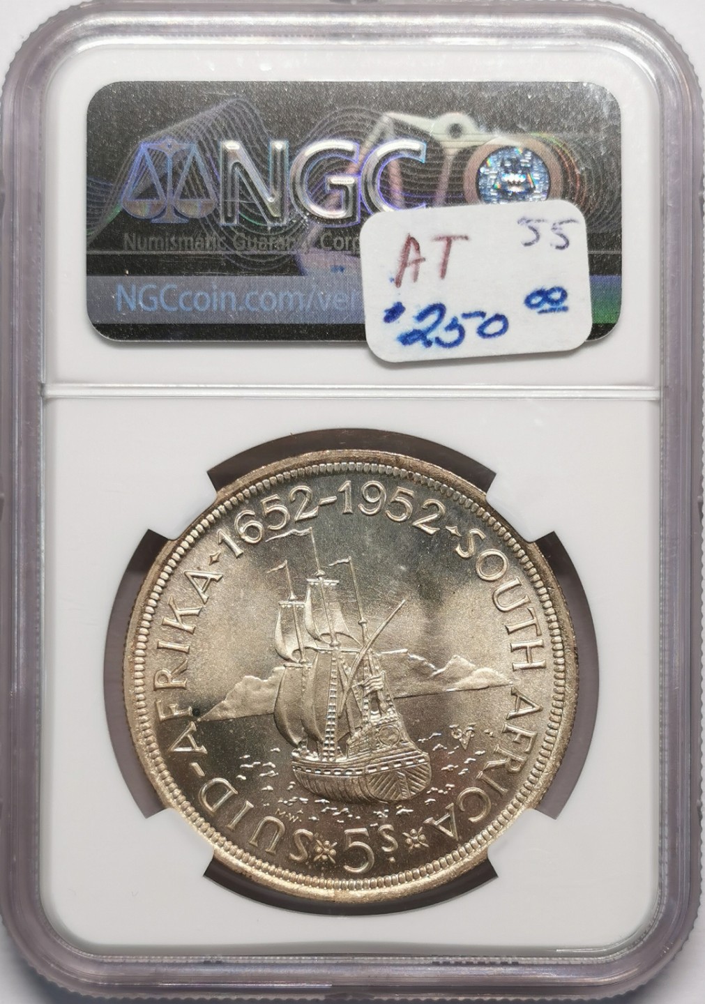 凡希社世界钱币微拍第二百十三期 1952年英属南非开普敦殖民300周年5先令大银NGC-PL67
