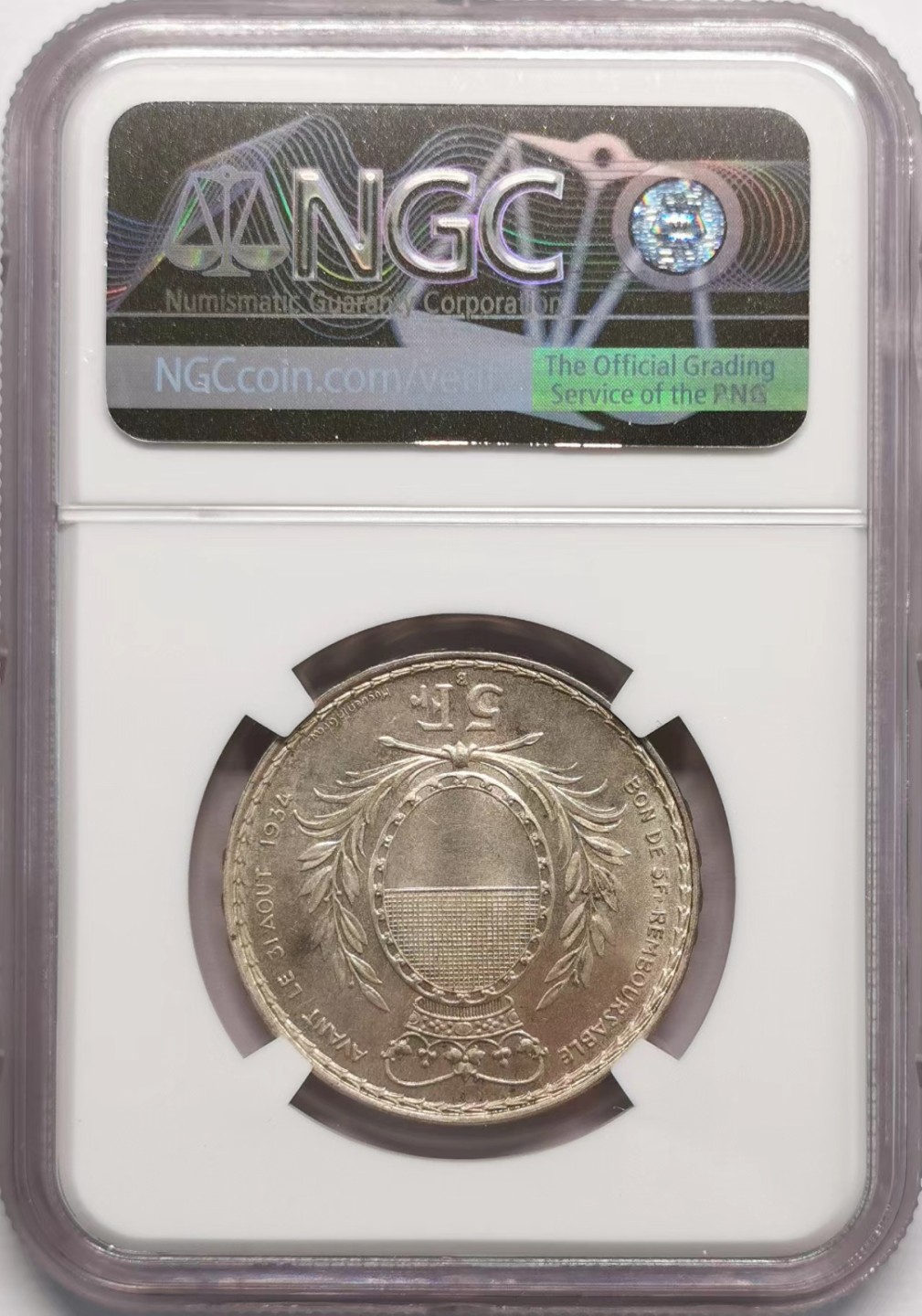 凡希社世界钱币微拍第二百十三期 1934瑞士弗莱堡射击节5法郎银币NGC-MS65