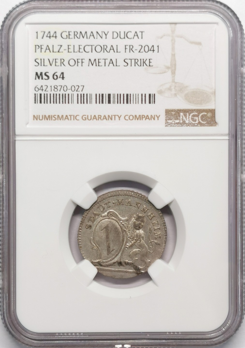 凡希社世界钱币微拍第二百十三期 1744莱茵普法尔茨选侯国杜卡特金币银样NGC-MS64稀见！